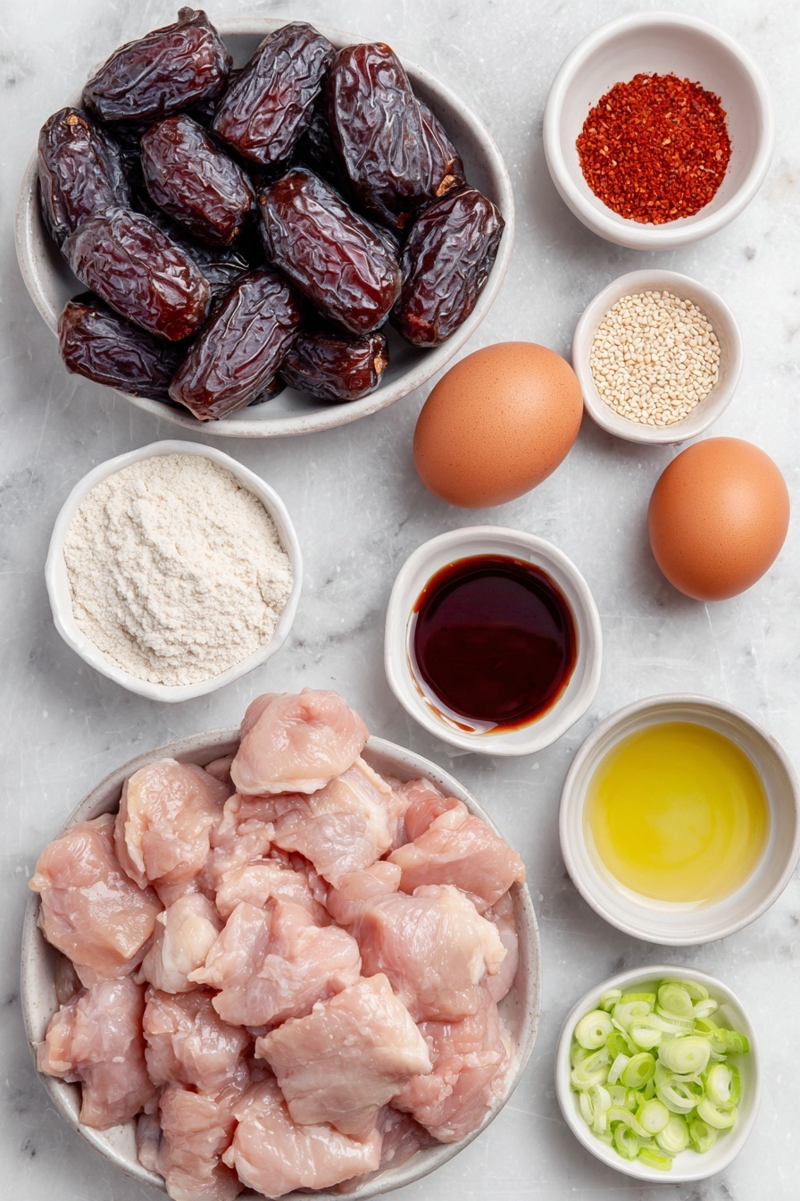 Paleo Sesame Chicken, paleo chicken recipes, Whole30 sesame chicken, healthy paleo chicken dish, easy paleo chicken dinner - Flat lay of warm water in a small white bowl, five plump medjool dates, a small white bowl of coconut aminos, a small white bowl of rice vinegar, a small white bowl with arrowroot flour, a small white bowl of sesame oil, a small white bowl with garlic powder, a small white bowl with red pepper flakes, raw boneless skinless chicken thighs cut into bite-sized pieces, a small white bowl filled with tapioca flour mixed with salt and black pepper, two whole brown eggs with clean shells, a small white bowl of avocado oil, a small white bowl of sesame seeds, thinly sliced fresh scallions scattered neatly nearby, all arranged with perfect symmetry on a clean white marble surface, soft natural light, photo taken with an iPhone, professional food photography style, fresh ingredients, white ceramic bowls, no bottles, no duplicates, no utensils, no packaging --ar 2:3 --v 7 --p m7354615311229779997