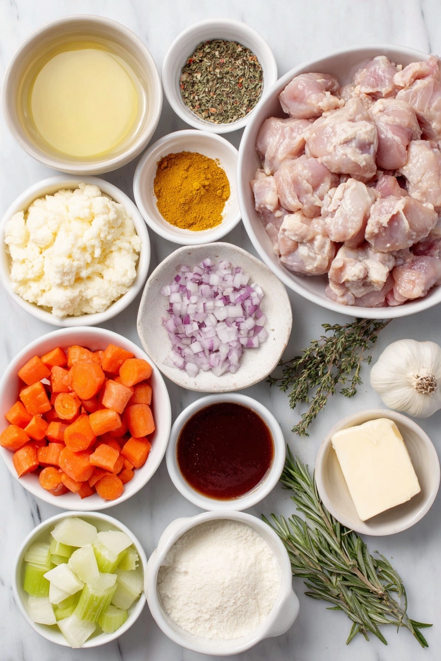 Creamy Chicken and Rice Soup, hearty chicken and rice soup, comforting chicken soup recipe, creamy chicken and rice dinner, easy chicken and rice comfort food - Flat lay of boneless, skinless chicken thighs cut into bite-sized pieces in a simple white ceramic bowl, a small mound of kosher salt crystals on a white ceramic dish, a small white ceramic bowl with Italian seasoning blend, a small white ceramic bowl containing bright yellow mustard powder, a small white ceramic bowl filled with deep red paprika, a small white ceramic bowl with crushed red chili flakes, a few tablespoons of unsalted butter on a white ceramic plate, a medium yellow onion halved and diced on a white ceramic dish, three peeled and diced large carrots arranged neatly on a white ceramic plate, three stalks of fresh celery diced on a white ceramic dish, four whole fresh garlic cloves unpeeled on a white ceramic plate, fresh thyme sprigs, fresh rosemary sprigs both placed side by side on a white ceramic dish, a small heap of all-purpose flour on a white ceramic plate, a small white ceramic bowl filled with clear chicken broth, a small white ceramic bowl with creamy half and half, a small white ceramic bowl with dark soy sauce, a small white ceramic bowl with bright red hot sauce, a small pile of uncooked long grain white rice on a white ceramic plate, a wedge of Parmesan cheese with a small mound of cracked black peppercorns and fresh sprigs of parsley arranged gracefully on a white ceramic plate, all placed on a clean white marble surface, soft natural light, photo taken with an iPhone, professional food photography style, fresh ingredients, white ceramic bowls, no bottles, no duplicates, no utensils, no packaging --ar 2:3 --v 7 --p m7354615311229779997