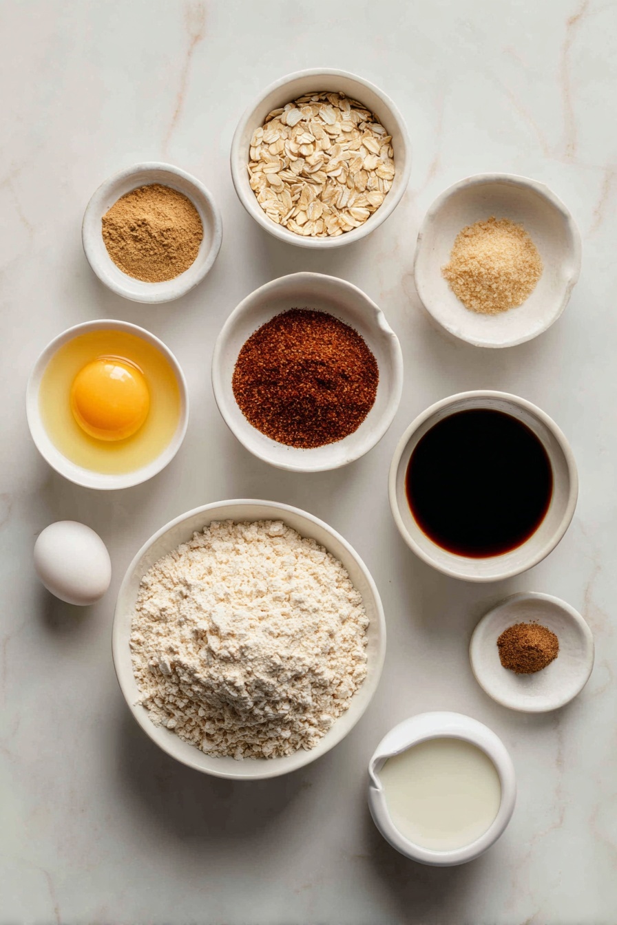 Healthy Gingerbread Oatmeal Cookies, Gingerbread oatmeal cookies, healthy cookie recipes, gingerbread spice treats, wholesome holiday snacks - Flat lay of a small pile of light tan instant oats, a mound of whole wheat flour with a slightly coarse texture, a neatly arranged selection of ground spices including ginger, cinnamon, nutmeg, and cloves in tiny white ceramic bowls, a small white bowl with melted golden butter, one large whole egg with a clean shell, a small white bowl of dark glossy molasses, a small white bowl of fresh white nonfat milk, all placed symmetrically on a clean white marble surface, soft natural light, photo taken with an iPhone, professional food photography style, fresh ingredients, white ceramic bowls, no bottles, no duplicates, no utensils, no packaging --ar 2:3 --v 7 --p m7354615311229779997