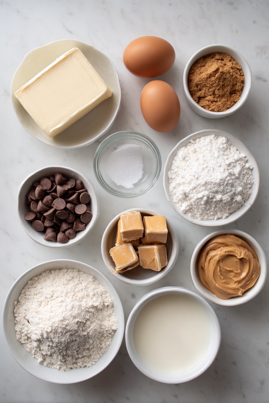 Better Than Anything Chocolate Caramel Bars, chocolate caramel dessert bars, gooey caramel chocolate bars, easy caramel brownie bars, decadent chocolate caramel treat - Flat lay of a stick of softened butter, a small mound of packed brown sugar, a small mound of white granulated sugar, two whole uncracked brown eggs, a small white bowl of clear vanilla extract, a small heap of all-purpose flour, a small pile of baking soda powder, a small pile of salt, a small white bowl filled with milk chocolate chips, a small white bowl of unwrapped golden caramel chews, a small white bowl of pale creamy evaporated milk, a small white bowl of smooth light brown peanut butter, all arranged with perfect symmetry on a clean white marble surface, soft natural light, photo taken with an iPhone, professional food photography style, fresh ingredients, white ceramic bowls, no bottles, no duplicates, no utensils, no packaging --ar 2:3 --v 7 --p m7354615311229779997