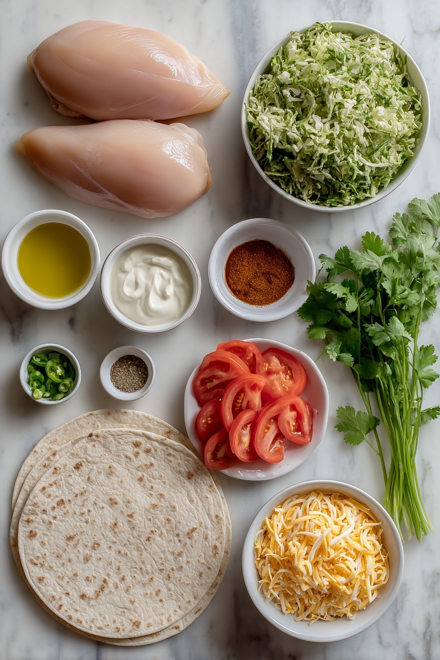 BBQ Chicken Wraps, grilled chicken wraps, healthy chicken wraps, easy lunch wraps, flavorful wrap recipes - Flat lay of two whole boneless skinless chicken breasts, a small white bowl of olive oil, a small white bowl containing mixed paprika, onion powder, garlic powder, oregano, and cayenne pepper, two whole large whole wheat tortillas, a small white bowl of plain Greek yogurt, a small white bowl of BBQ sauce, a pile of fresh broccoli slaw mix, a few sprigs of fresh cilantro, a few stalks of green onion finely sliced, a small white bowl of shredded cheddar cheese, chopped romaine lettuce leaves, and six fresh tomato slices, all arranged with perfect symmetry on a clean white marble surface, soft natural light, photo taken with an iPhone, professional food photography style, fresh ingredients, white ceramic bowls, no bottles, no duplicates, no utensils, no packaging --ar 2:3 --v 7 --p m7354615311229779997