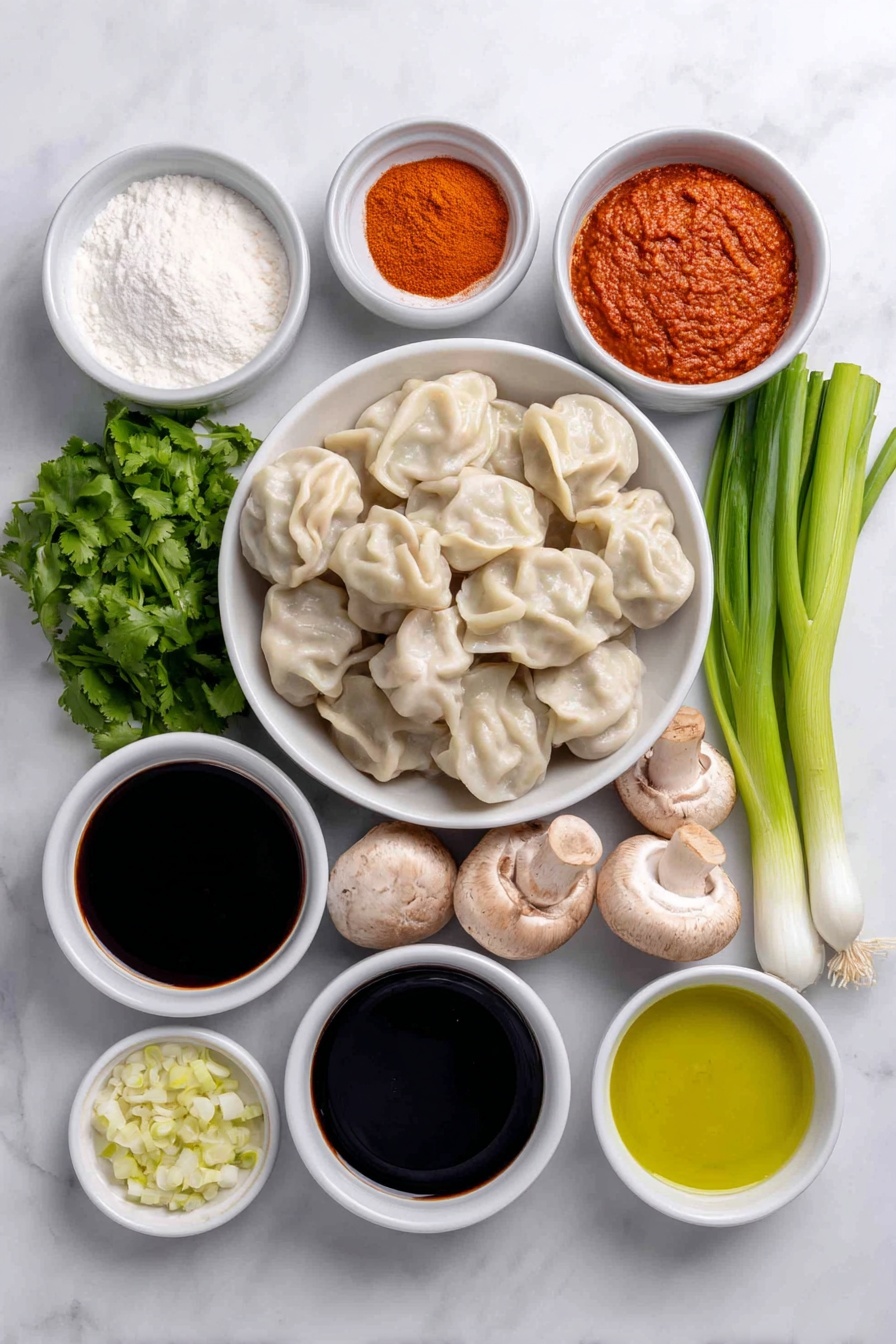 Coconut Curry Soup with Dumplings, vegan coconut curry soup, easy Thai curry soup, comforting vegan soup recipes, one-pot coconut curry - Flat lay of a small white ceramic bowl of red Thai curry paste, a small white ceramic bowl of full-fat coconut milk, a small white ceramic bowl of vegetable broth, a small white ceramic bowl of soy sauce, a small white ceramic bowl of avocado oil, a small white ceramic bowl of sugar, a small white ceramic bowl of salt, a small white ceramic bowl of minced garlic, a small bunch of fresh cilantro with bright green leaves, a small bunch of scallions with white bulbs and green tops, several whole cremini mushrooms with smooth brown caps, a small heap of diced white onion, a neat pile of frozen vegan dumplings with translucent skins, a small white ceramic bowl of chili oil, and a small white ceramic bowl of crunchy garlic pieces, all arranged with perfect symmetry and realistic proportions, placed on a clean white marble surface, soft natural light, photo taken with an iPhone, professional food photography style, fresh ingredients, white ceramic bowls, no bottles, no duplicates, no utensils, no packaging --ar 2:3 --v 7 --p m7354615311229779997