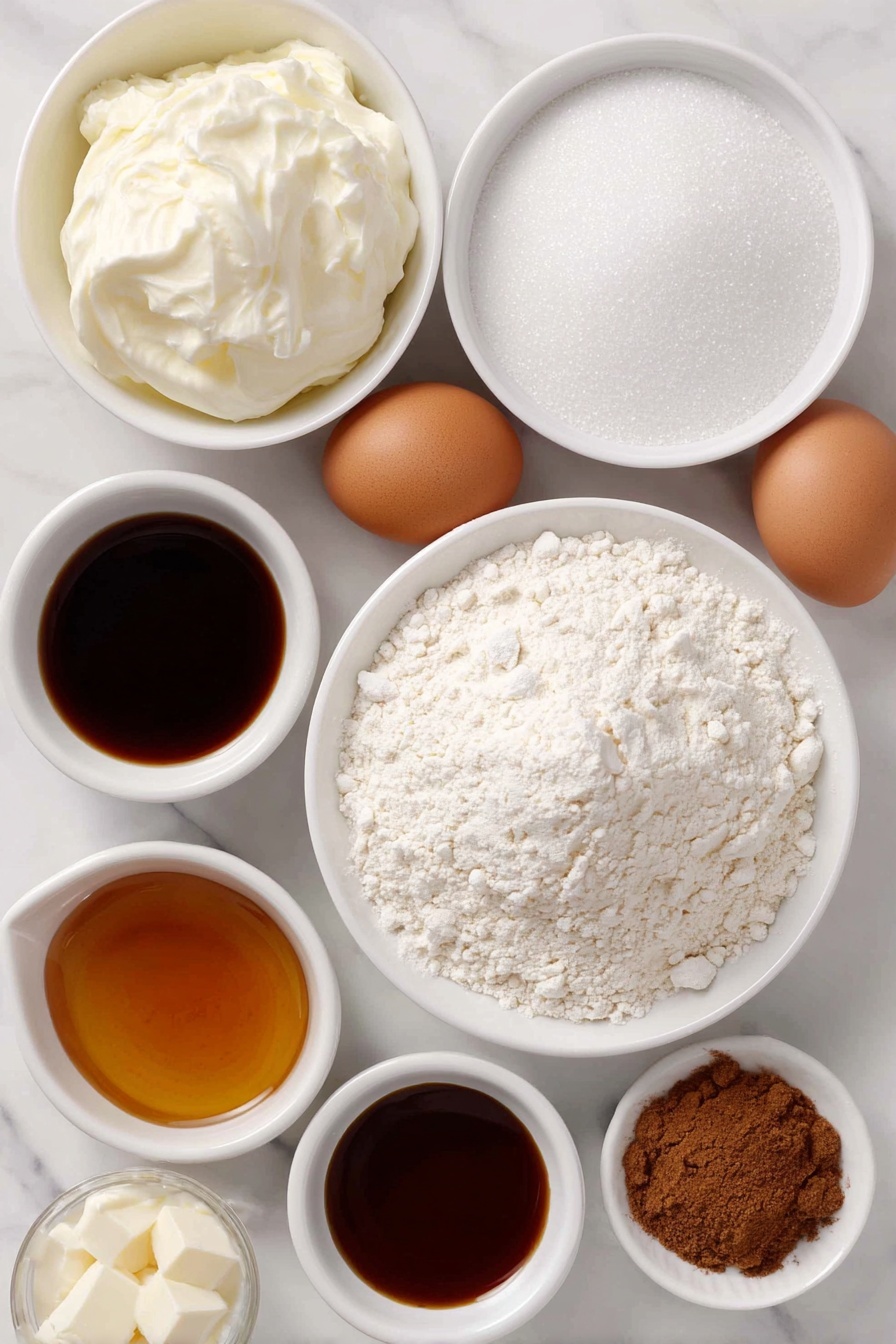 Brown Butter Snickerdoodles, cinnamon sugar cookies, easy brown butter cookies, soft chewy snickerdoodles, homemade cinnamon cookies - Flat lay of a small mound of all-purpose flour, a few white ceramic bowls containing cream of tartar, cornstarch, baking soda, baking powder, and salt, a small white ceramic bowl with melted browned butter showing a golden amber color, a heap of white granulated sugar, two whole uncracked brown eggs, a small white ceramic bowl of vanilla extract, and a small white ceramic bowl with a mixture of white sugar and ground cinnamon, all arranged symmetrically and balanced, placed on a clean white marble surface, soft natural light, photo taken with an iPhone, professional food photography style, fresh ingredients, white ceramic bowls, no bottles, no duplicates, no utensils, no packaging --ar 2:3 --v 7 --p m7354615311229779997