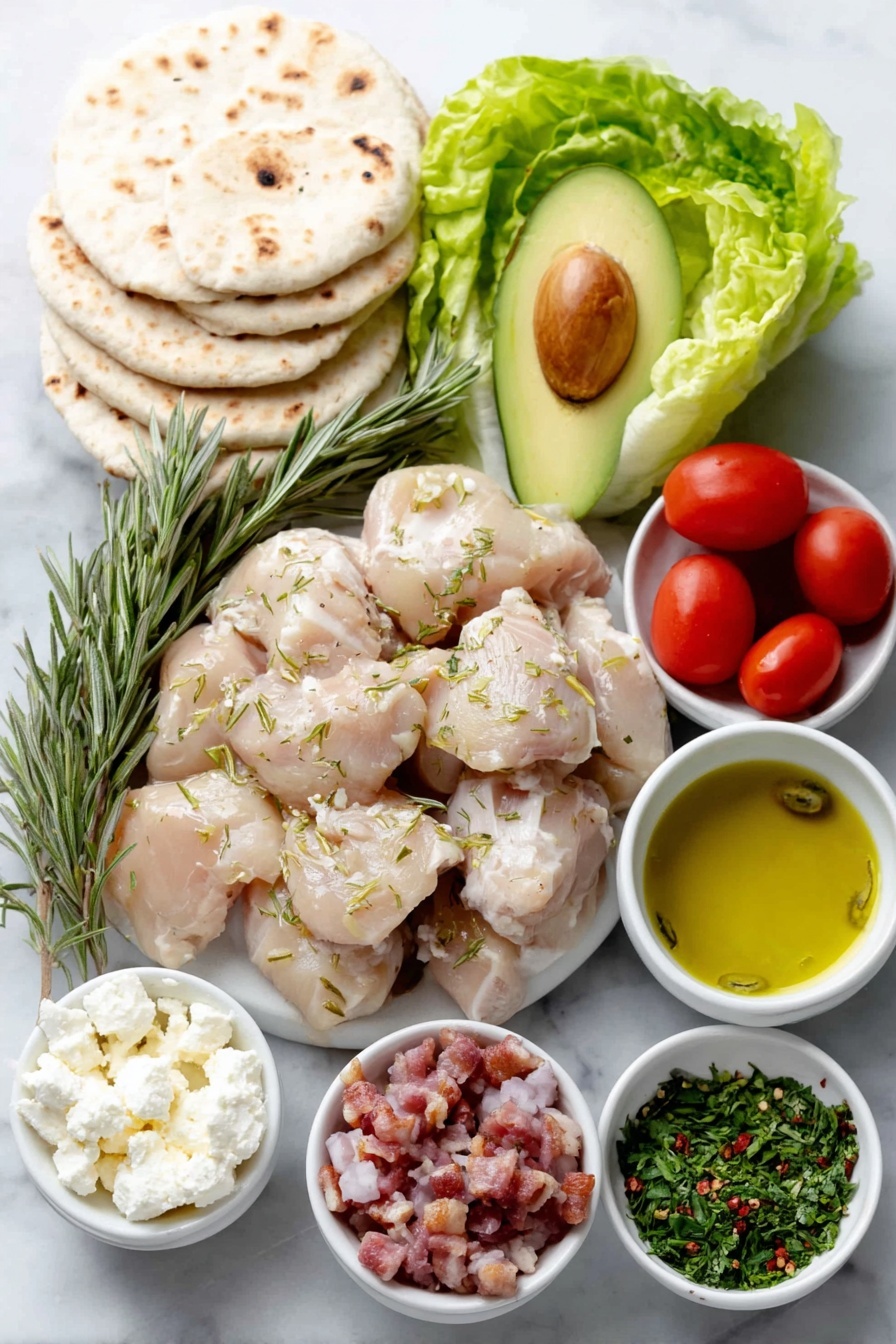 Rosemary Chicken and Avocado Pitas, flavorful pita recipes, easy chicken pita ideas, healthy lunch pitas, quick weeknight dinner - Flat lay of boneless skinless chicken breast pieces, a small bunch of fresh rosemary sprigs, a whole shallot with its papery skin, two whole cloves of garlic, a ripe avocado diced, four thick slices of cooked bacon crumbled, four fresh round pita breads, crisp green lettuce leaves, halved ripe red tomatoes, a small white ceramic bowl of extra virgin olive oil, a small white ceramic bowl of lemon juice, lemon wedges quartered, a small white ceramic bowl of crumbled feta cheese, a small white ceramic bowl of honey, a small white ceramic bowl with red pepper flakes, a small white ceramic bowl of mixed fresh herbs such as dill, basil, and parsley placed on a clean white marble surface, soft natural light, photo taken with an iPhone, professional food photography style, fresh ingredients, white ceramic bowls, no bottles, no duplicates, no utensils, no packaging --ar 2:3 --v 7 --p m7354615311229779997