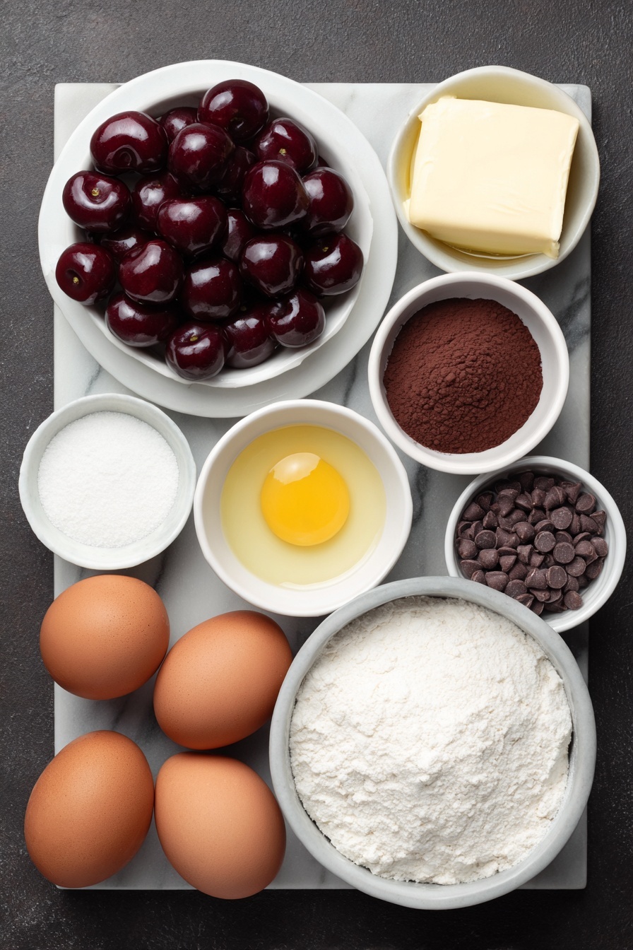 Chocolate Cherry Brownie, Chocolate Cherry Brownie Recipe, Fudgy Cherry Brownies, Easy Cherry Brownies, Best Chocolate Cherry Brownie - Flat lay of fresh halved cherries with vibrant red flesh arranged beside a small white ceramic bowl of white granulated sugar, two large whole brown eggs and a single whole brown egg yolk resting on a simple white ceramic plate, a small white ceramic bowl holding smooth melted unsalted butter, another small white ceramic bowl filled with clear light vegetable oil, a small white ceramic bowl of dark brown Dutch process cocoa powder, a small white ceramic bowl of all-purpose flour, a small white ceramic bowl containing fine white cornstarch, a small white ceramic bowl with white salt grains, and a small white ceramic bowl brimming with glossy semi-sweet chocolate chips, all ingredients spaced evenly and symmetrically placed on a clean white marble surface, soft natural light, photo taken with an iPhone, professional food photography style, fresh ingredients, white ceramic bowls, no bottles, no duplicates, no utensils, no packaging --ar 2:3 --v 7 --p m7354615311229779997