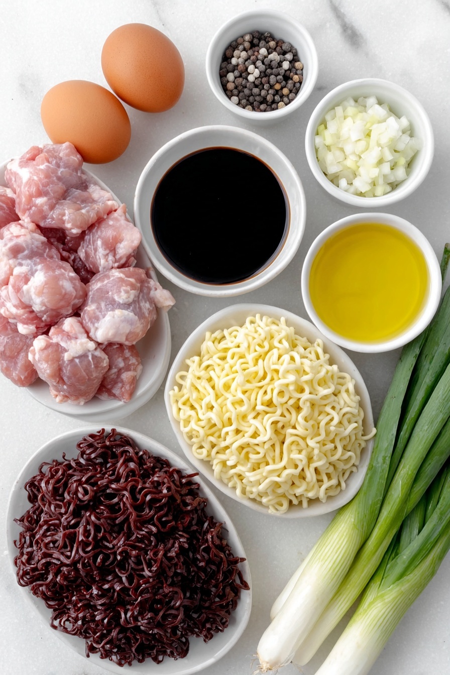 Ginger Scallion Chicken Noodle Soup, chicken noodle soup with ginger and scallions, easy Asian chicken soup recipe, comforting chicken noodle broth, quick homemade noodle soup - Flat lay of boneless skinless chicken thighs with natural pink hues, thinly sliced garlic cloves, a small pile of finely chopped ginger root, divided scallion whites and scallion greens fresh and vibrant, whole uncracked brown eggs nearby, a small white ceramic bowl of black rice vinegar, another bowl of deep brown soy sauce, a third bowl with golden toasted sesame oil, a few thin matchstick-cut orange carrot sticks, a neat bundle of dried ramen noodles with curly strands, sprinkled kosher salt crystals, and a small heap of freshly ground black and white peppercorns placed symmetrically on simple white ceramic bowls and plates, all arranged in perfect balance placed on a clean white marble surface, soft natural light, photo taken with an iPhone, professional food photography style, fresh ingredients, white ceramic bowls, no bottles, no duplicates, no utensils, no packaging --ar 2:3 --v 7 --p m7354615311229779997