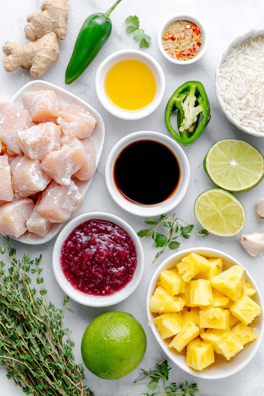 Quick Pineapple Chicken with Coconut Rice, tropical chicken dinner, easy pineapple chicken recipe, quick weeknight chicken, coconut rice recipes - Flat lay of boneless skinless chicken breast pieces arranged neatly, a small white bowl of low-sodium soy sauce, a small white bowl filled with golden pineapple juice, a small white bowl holding light brown granulated brown sugar, a small white bowl with vibrant red ketchup, a whole fresh shallot, unpeeled and chopped garlic cloves scattered, a small mound of grated ginger, a small pinch of red pepper flakes on white ceramic, a small white bowl of amber sesame oil, fresh bright green cilantro sprigs, fresh golden pineapple chunks, a halved jalapeño with seeds removed beside chopped pieces, a whole lime halved to show juicy interior, fresh thyme leaves, a ripe avocado diced with green and creamy textures visible, uncooked basmati rice grains arranged in a small white bowl, a simple white bowl containing creamy white coconut milk, all ingredients laid out with perfect symmetry on a clean white marble surface, soft natural light, photo taken with an iPhone, professional food photography style, fresh ingredients, white ceramic bowls, no bottles, no duplicates, no utensils, no packaging --ar 2:3 --v 7 --p m7354615311229779997