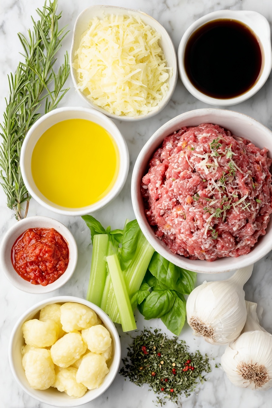 Gnocchi Bolognese, Italian gnocchi recipes, easy Bolognese sauce, comfort food dinner, hearty pasta dishes - Flat lay of a small pool of golden olive oil in a simple white ceramic bowl, a medium yellow onion finely diced forming a neat pile, a medium orange carrot finely diced in a small mound, two fresh celery stalks cut into small pieces arranged in a neat cluster, two large whole garlic cloves unpeeled and clean, a small heap of raw lean ground beef shaped naturally, a small white bowl filled with deep red dry red wine, a small dollop of vibrant red tomato paste on a white plate, a few sprigs of fresh green thyme finely chopped, a sprig of fresh rosemary finely chopped, a small pinch of red chili flakes scattered delicately, two bright red ripe crushed tomatoes showing natural texture in a white bowl, a small white bowl filled with rich brown beef stock, two dried bay leaves whole and unblemished, a pile of light, pillowy potato gnocchi, a small heap of finely grated pale yellow Parmesan cheese, and several bright green fresh basil leaves roughly arranged—all placed on a clean white marble surface, soft natural light, photo taken with an iPhone, professional food photography style, fresh ingredients, white ceramic bowls, no bottles, no duplicates, no utensils, no packaging --ar 2:3 --v 7 --p m7354615311229779997