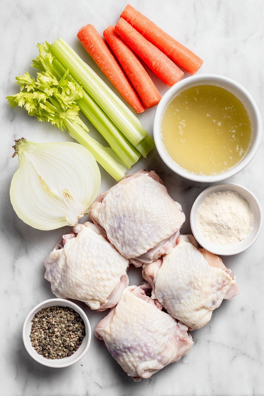 Slow Cooker Chicken Pot Roast, chicken pot roast, slow cooker dinner, easy comfort food, hearty chicken recipe - Flat lay of boneless skinless chicken thighs arranged neatly, a few bright orange carrot slices, fresh green celery stalks sliced, a halved white onion with visible layers, a small white ceramic bowl filled with golden chicken stock, another small white bowl containing a fine light brown powder blend representing au jus and chicken gravy mix, a small white bowl with a pale beige powder for garlic powder, a similar bowl with fine off-white onion powder, and a tiny white bowl holding coarse black pepper, all placed symmetrically on a clean white marble surface, soft natural light, photo taken with an iPhone, professional food photography style, fresh ingredients, white ceramic bowls, no bottles, no duplicates, no utensils, no packaging --ar 2:3 --v 7 --p m7354615311229779997