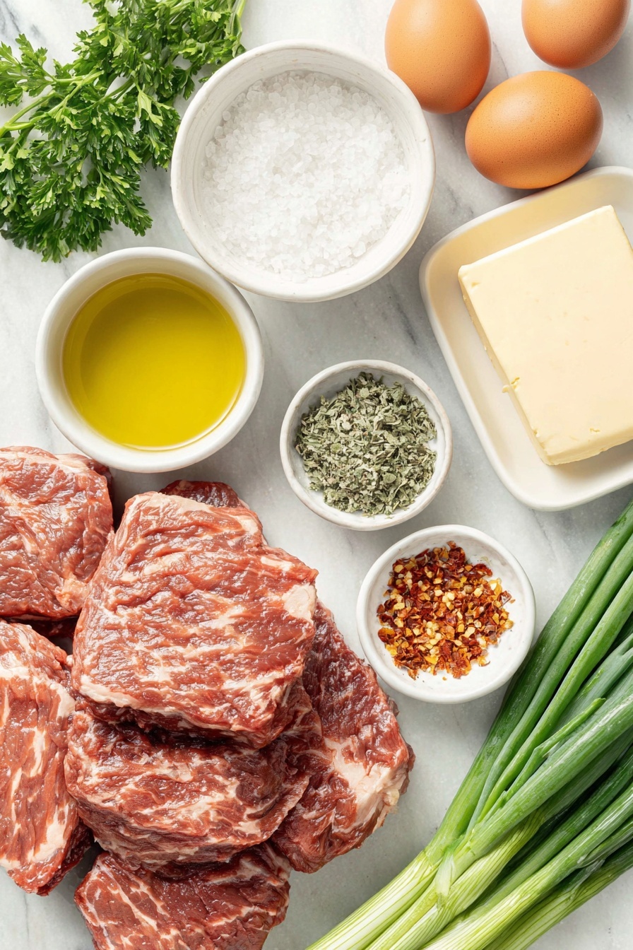 Garlic Butter Steak Bites, steak bite recipes, quick steak dinner, easy steak recipes, tender steak tips - Flat lay of a small white ceramic bowl with golden avocado oil, a pile of fresh raw steak bites with rich red marbling, a few whole brown eggs with clean shells, a small white bowl filled with coarse sea salt crystals, a tiny white bowl containing freshly ground black pepper, a small white bowl with vibrant red pepper flakes, a slab of pale yellow butter, a small white bowl heaped with peeled garlic cloves, a bunch of bright green parsley sprigs, and fresh green onions with crisp stalks, all arranged with perfect symmetry, placed on a clean white marble surface, soft natural light, photo taken with an iPhone, professional food photography style, fresh ingredients, white ceramic bowls, no bottles, no duplicates, no utensils, no packaging --ar 2:3 --v 7 --p m7354615311229779997