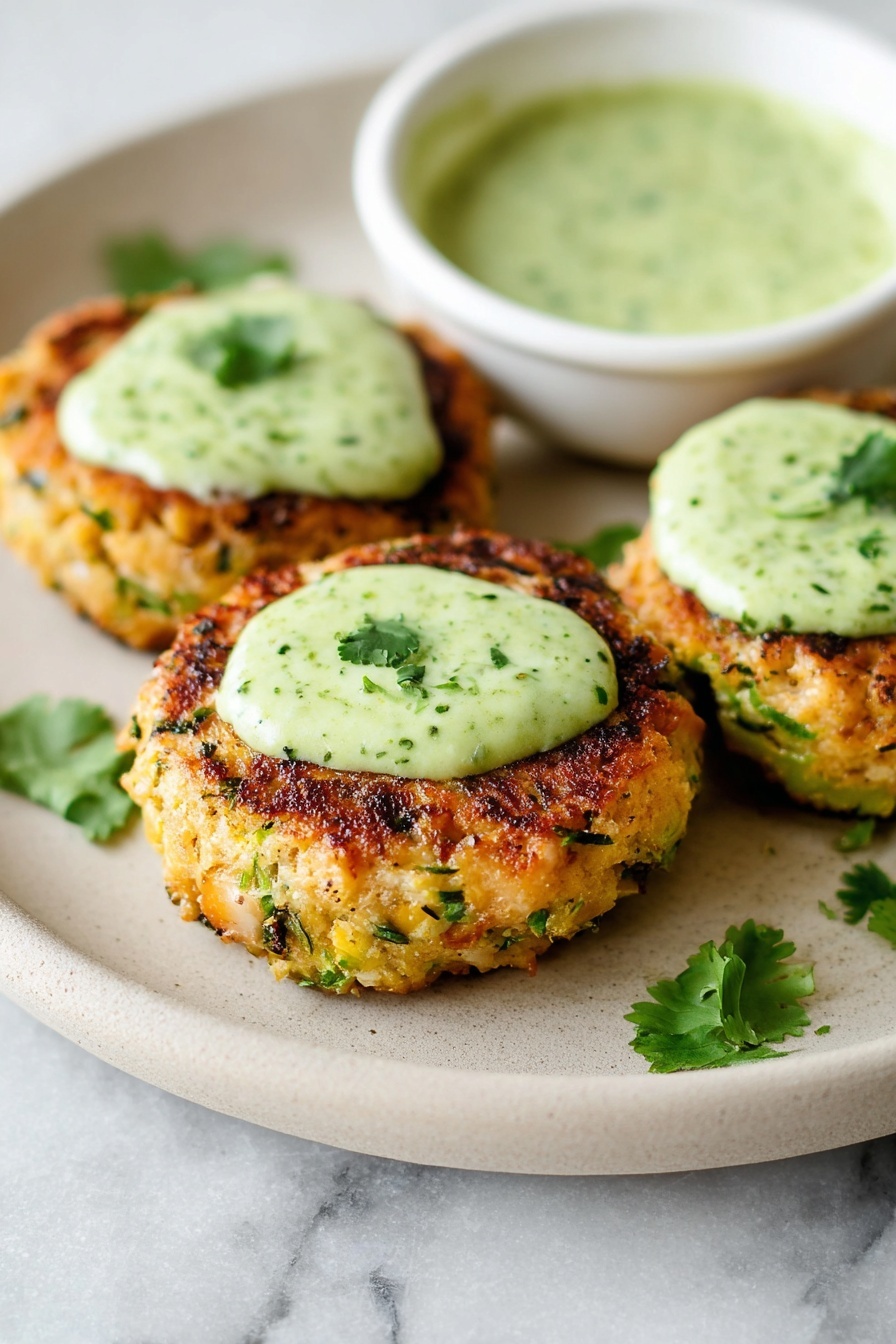 Chicken Zucchini Poppers with Cilantro Sauce, zucchini chicken bites, healthy appetizer recipes, easy crispy chicken snacks, flavorful cilantro sauce - The image shows a white plate holding three round, lightly browned patties mixed with green herbs. Each patty has a dollop of green creamy sauce topped with a small cilantro leaf. Next to the patties is a small white bowl filled with more green sauce, smooth with tiny herb bits. There are a few fresh cilantro leaves placed beside the patties on the plate. The background is a white marbled surface. Photo taken with an iphone --ar 2:3 --v 7