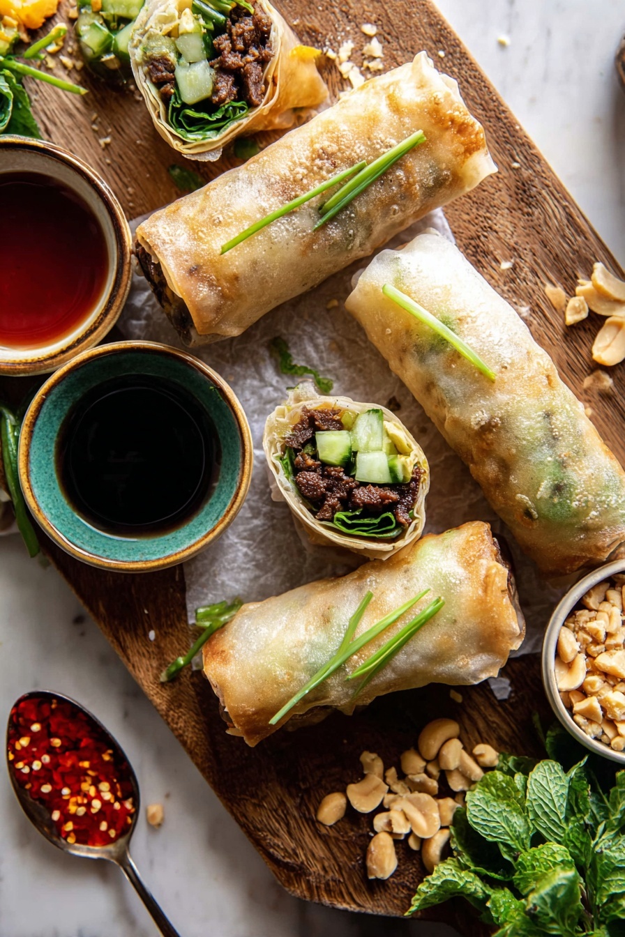 Thai Basil Beef Wraps, Thai Basil Beef Wraps recipe, easy Thai beef wraps, quick Thai beef meal, flavorful Thai beef wraps - The image shows several rolls with light golden, slightly translucent wraps filled with dark brown cooked meat, small diced green cucumbers, leafy herbs, and light-colored crushed nuts inside. Some rolls are whole and others are cut in half to show the filling layers clearly. The rolls are placed on a wooden board with a small white bowl containing a light brown sauce sprinkled with sesame seeds near the top right. A small spoon with some sauce rests near the bowl, and another small metal cup with dark soy-like sauce sits on the bottom left. Fresh green herb sprigs and thin slices of green onion are scattered on and around the rolls. The background is a white marbled texture. photo taken with an iphone --ar 2:3 --v 7