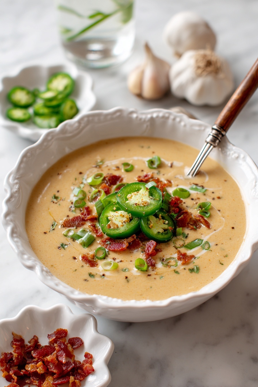 Spicy Jalapeño Chicken Soup, spicy chicken soup, jalapeño chicken recipe, creamy chicken soup, comforting spicy soup - A white scalloped bowl filled with thick creamy soup that is light tan in color with visible small chunks and swirls. On top, there is a colorful layer of bright green sliced jalapeños, chopped green onions, and crispy red-brown bacon bits, all piled in the center. A wooden-handled spoon rests in the bowl with its metal scoop partly submerged in the soup. Around the bowl on a white marbled surface, there is a small white scalloped dish with more crispy bacon bits, a similar dish with green sliced jalapeños, some whole garlic bulbs, and a clear glass of water showing reflections and ice inside. photo taken with an iphone --ar 2:3 --v 7