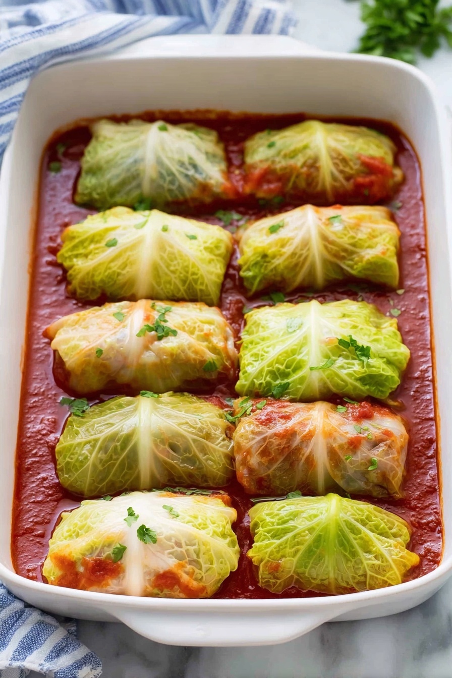 Stuffed Cabbage Rolls with Tomato Sauce, cabbage roll recipe, hearty stuffed cabbage, homemade cabbage rolls, cozy dinner ideas - The image shows a white rectangular baking dish filled with twelve cabbage rolls arranged in three rows of four. Each roll is tightly wrapped in green cabbage leaves with a slightly translucent, soft texture, showing hints of the filling inside. The rolls rest in a rich red tomato sauce that fills the base of the dish and slightly bubbles around the edges of the rolls. Small bits of chopped green herbs are sprinkled evenly over the cabbage rolls, adding a fresh touch of color. The dish sits on a white marbled surface with a blue and white striped cloth partially visible on the top left side. Photo taken with an iphone --ar 2:3 --v 7