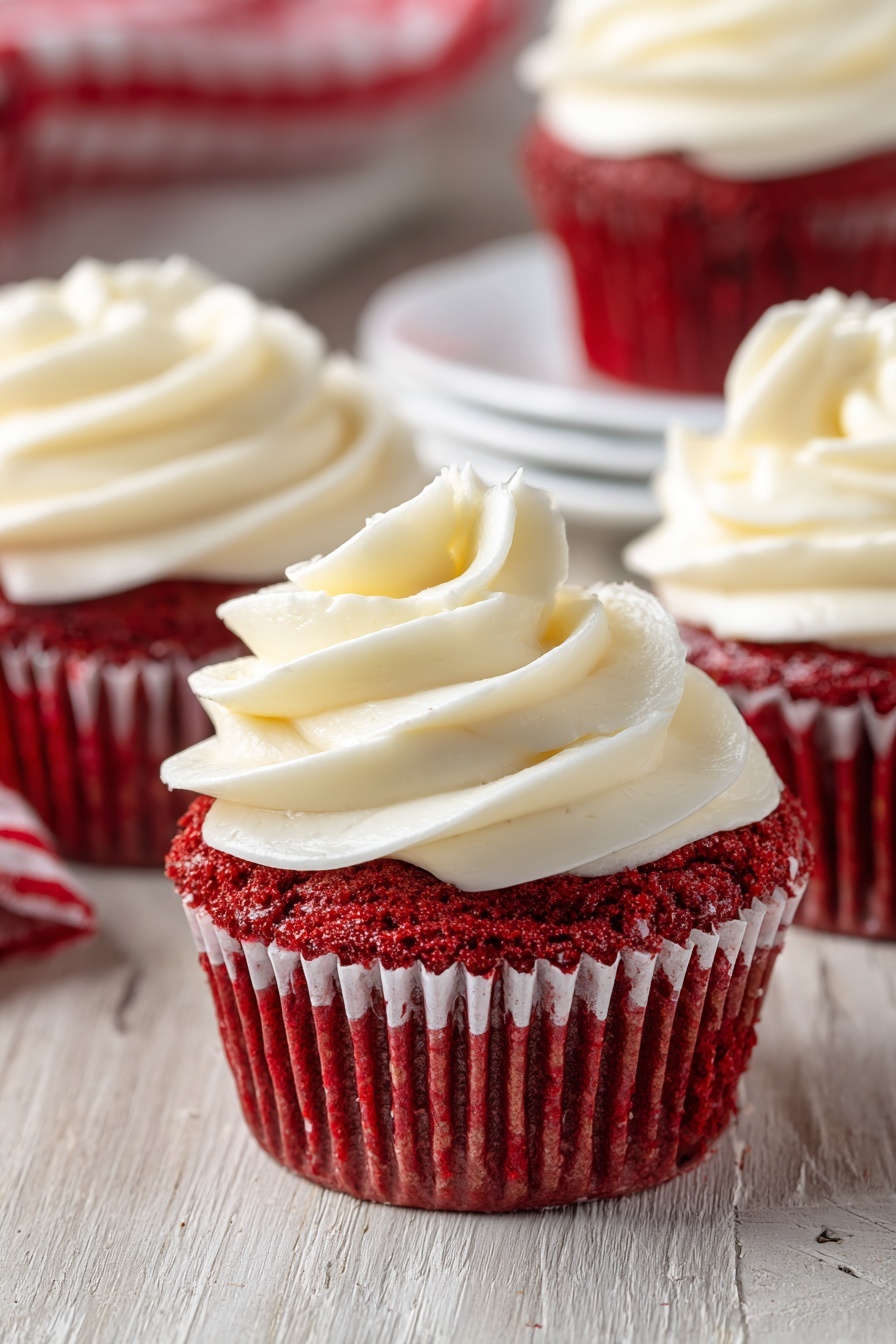Red Velvet Cupcakes with Ermine Frosting, best red velvet cupcakes, vintage frosting recipes, soft tender cupcakes, homemade ermine frosting - The image shows a close-up of several red velvet cupcakes with three main parts: a red cake base in a red and white paper liner, topped with a thick swirl of creamy white frosting that has smooth, soft peaks. The cupcakes sit on a light wooden surface with blurred cupcakes and a white plate in the background. The frosting has a smooth, slightly fluffy texture that contrasts with the dense, moist-looking red cake. The photo taken with an iphone --ar 2:3 --v 7