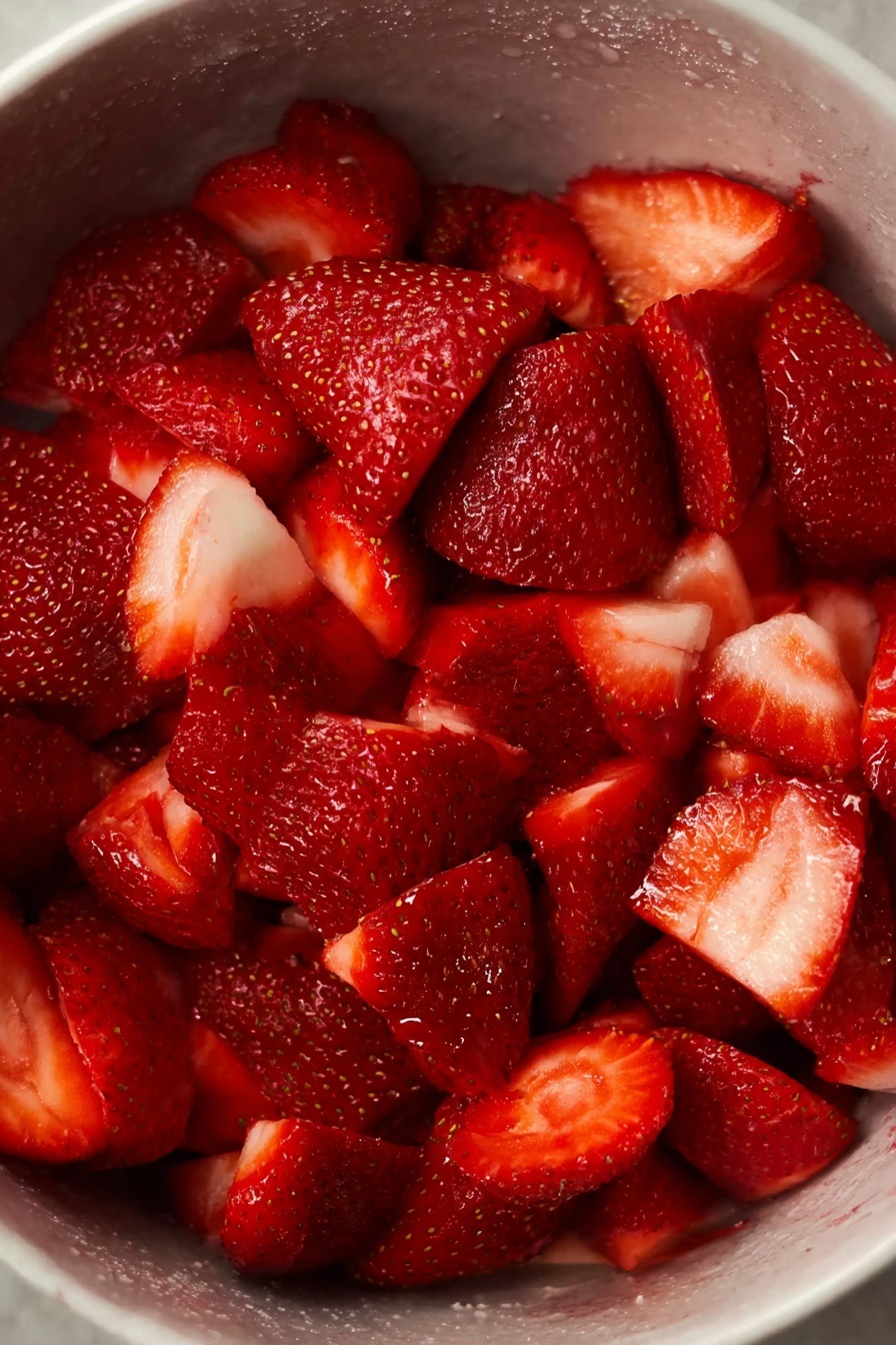 Strawberry Mint Fruit Salad, healthy fruit salad, easy fruit salad recipe, refreshing summer salad, quick fruit salad ideas - The image shows a close-up of many bright red strawberries, each sliced into halves or smaller pieces with visible seeds and juicy texture. The strawberries are layered inside a white bowl with a smooth interior. The white marbled texture surface is underneath the bowl but only a small part is visible. The photo has warm lighting that highlights the fresh look of the fruit. photo taken with an iphone --ar 2:3 --v 7