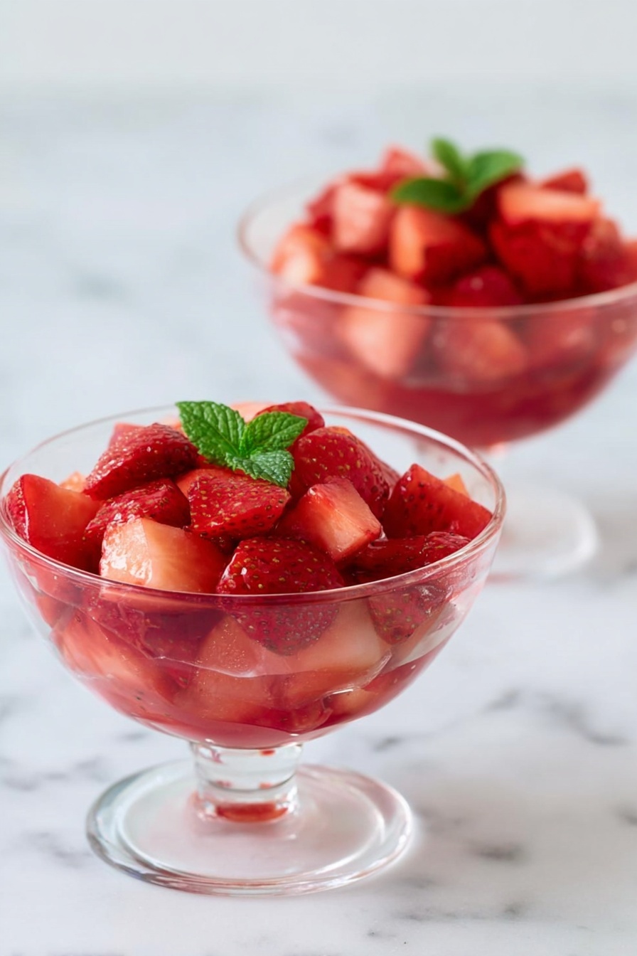 Strawberry Mint Fruit Salad, healthy fruit salad, easy fruit salad recipe, refreshing summer salad, quick fruit salad ideas - Two clear glass dessert cups sit on a white marbled surface, each filled with a single layer of bright red strawberry pieces mixed with lighter pink chunks of another fruit, topped with a small green mint leaf in the center. The strawberries have a glossy, juicy texture, and the cups have a rounded shape with a short stem and flat base. The focus is on the front cup, with the second cup softly blurred in the background. photo taken with an iphone --ar 2:3 --v 7