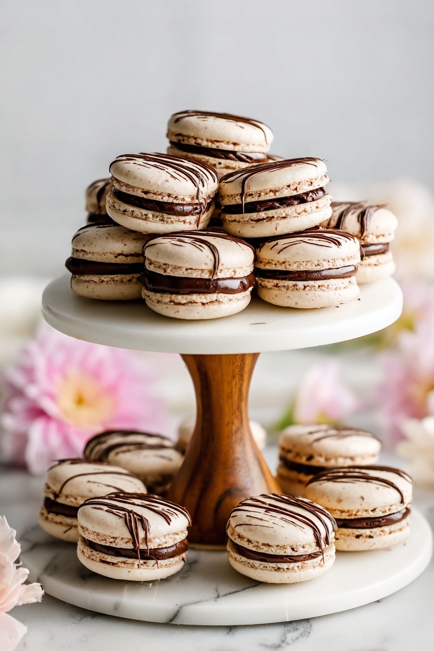 Chocolate Macarons with Ganache, French chocolate macarons, homemade chocolate macarons, decadent chocolate treats, easy macarons with ganache - A two-layer white ceramic stand with a wooden center holds many light brown macarons filled with a thick dark chocolate layer; the macarons are drizzled with thin dark chocolate lines on top. The top layer has about eight macarons stacked closely, and the bottom layer has around twelve arranged in a loose pile. The stand is placed on a white marbled surface with soft pink and white flowers blurred in the background, giving a clean and delicate look. photo taken with an iphone --ar 2:3 --v 7