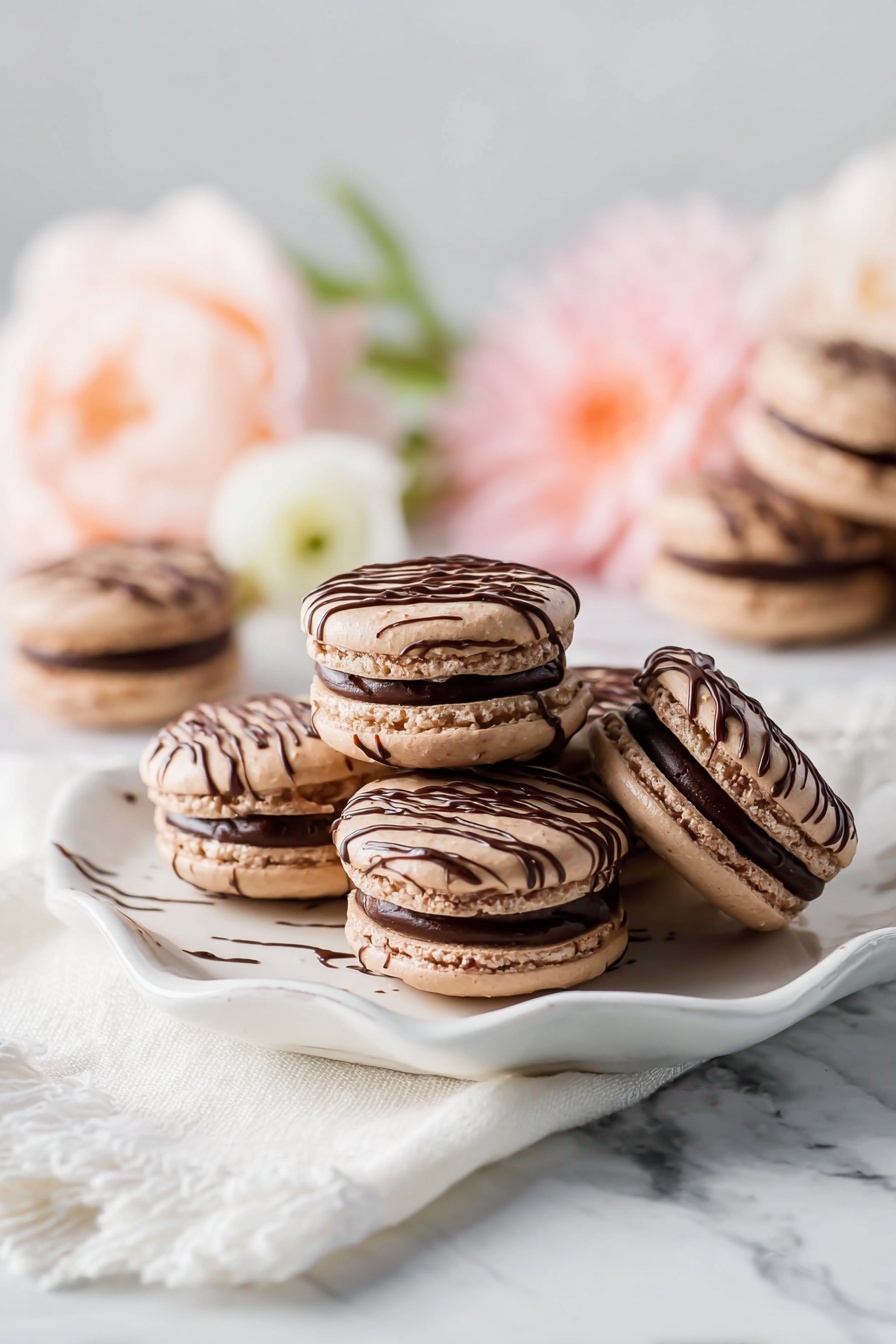 Chocolate Macarons with Ganache, French chocolate macarons, homemade chocolate macarons, decadent chocolate treats, easy macarons with ganache - The image shows several chocolate macarons stacked on a white plate with a wavy edge. Each macaron has two round light brown shells with a smooth texture and a dark chocolate filling in the middle. The top shells have thin dark chocolate lines drizzled on them in a crisscross pattern. The white plate sits on a folded white cloth, all placed on a white marbled surface. In the background, there are soft blurred flowers in light pink and white colors. Photo taken with an iphone --ar 2:3 --v 7