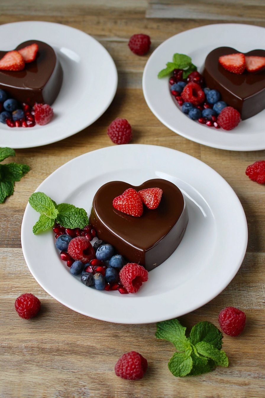 Nutella Chocolate Flan, Chocolate Flan Recipe, Easy Nutella Dessert, Creamy Chocolate Custard, Valentine’s Day Dessert - The image shows three white plates each with a heart-shaped chocolate dessert that has a shiny, smooth surface. On top of each dessert are two small strawberry pieces shaped like hearts. Beside each dessert on the plate, there is a small pile of mixed fresh berries including raspberries, blueberries, and pomegranate seeds, along with bright green mint leaves. The plates are placed on a wooden surface. Some raspberries and mint leaves are scattered around the plates for decoration. The overall look is clean and inviting with a mix of dark chocolate brown, red, blue, and green colors contrasting on the white plates. photo taken with an iphone --ar 2:3 --v 7
