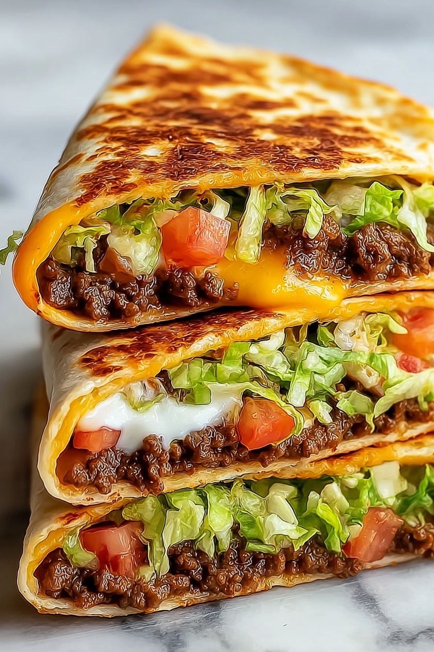 Keto Beef Crunchwraps, keto crunchwrap recipe, low-carb beef wraps, keto Tex-Mex wraps, keto-friendly crunchwraps - The image shows two thick wraps stacked on a white marbled surface, each cut in half to reveal the inside layers. The wrap layer is golden-brown and toasted with a slightly crispy texture. Inside, there is a layer of cooked ground beef with a rich brown color, mixed with small pieces of red onion. Above the beef, there is a layer of shredded green lettuce, adding fresh green color. Melty orange cheddar cheese is spread throughout the wrap, blending with the beef and lettuce. White sauce is visible near the top edge where it lightly covers the lettuce. The wraps look soft but firm, showing all the layers clearly in close detail. photo taken with an iphone --ar 2:3 --v 7