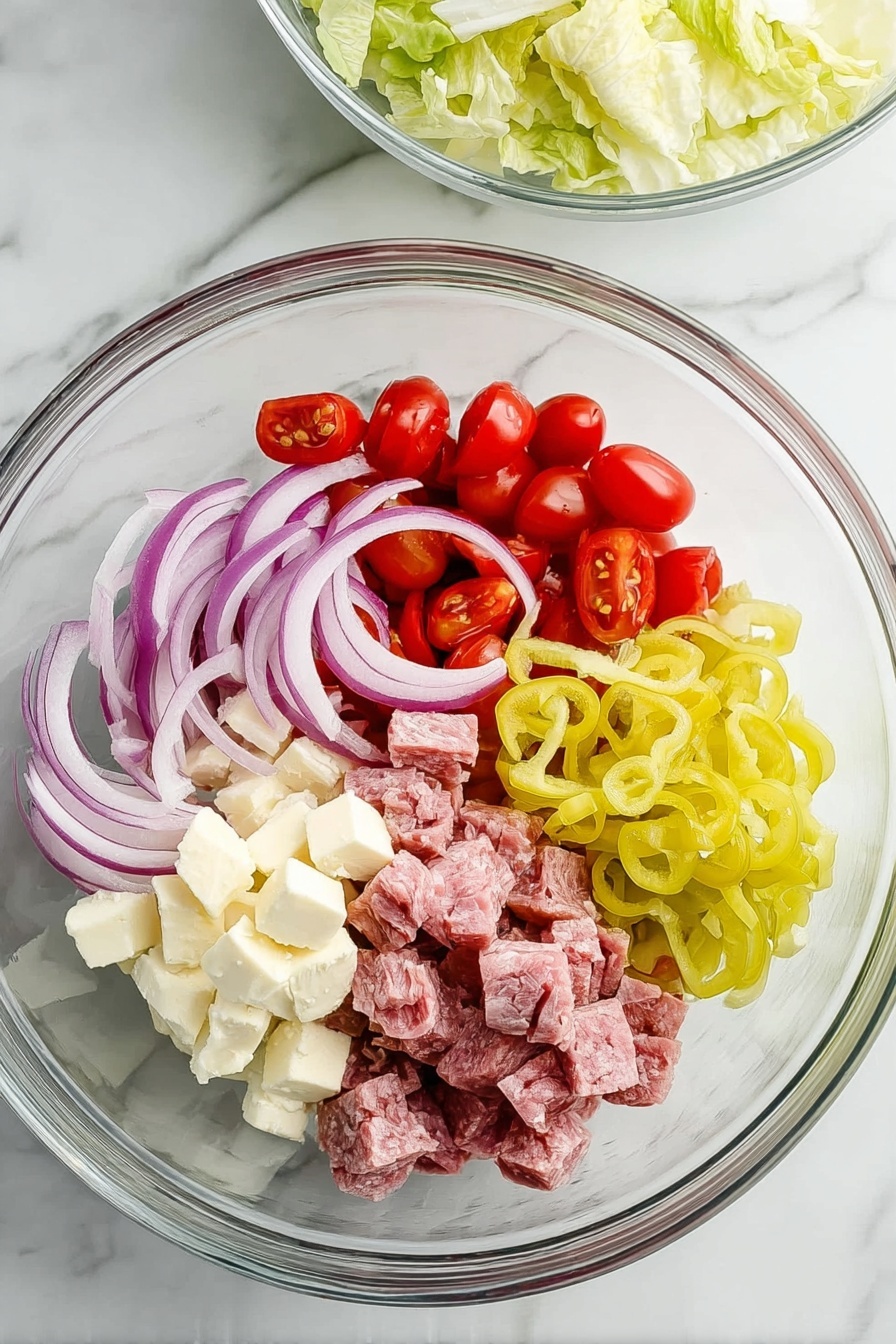 Grinder Salad with Italian Dressing, Italian salad ideas, quick summer salads, easy lunch salads, flavorful salad recipes - In a clear glass bowl placed on a white marbled surface, there are six layers of ingredients that make a salad. On the far left, there are thin slices of light purple-red onion curved into circles. At the bottom center, there are bright yellow-green pepper rings stacked loosely. To the right of the peppers, there are halved small, bright red cherry tomatoes. Above the tomatoes, there are uneven small white cheese cubes. On top of the cheese cubes and center, there are small pink chunks of meat. In the background, another clear glass bowl is visible, filled with light green lettuce pieces. Photo taken with an iphone --ar 2:3 --v 7