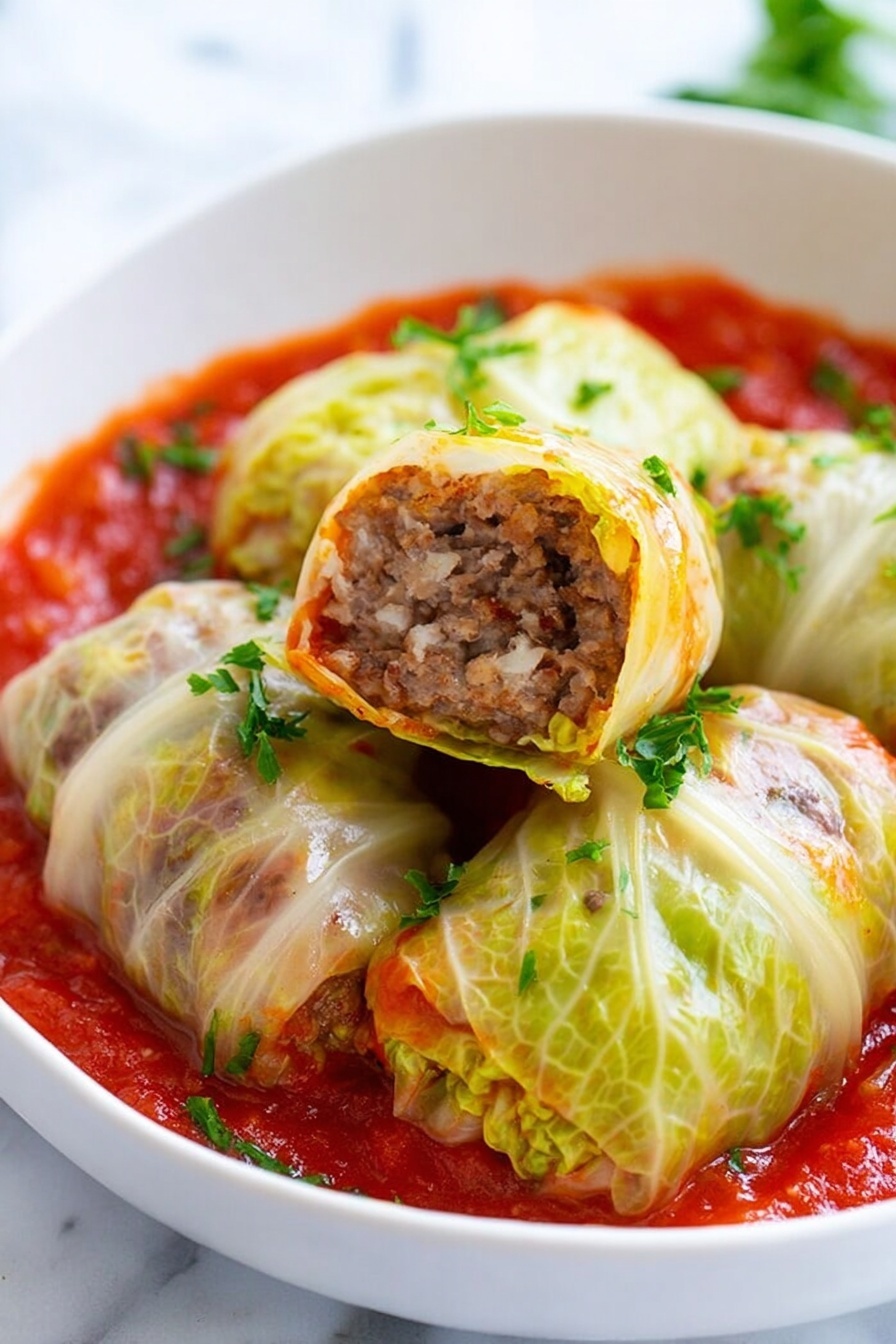 Stuffed Cabbage Rolls with Tomato Sauce, cabbage roll recipe, hearty stuffed cabbage, homemade cabbage rolls, cozy dinner ideas - The image shows a white baking dish filled with ten cabbage rolls arranged neatly in two rows. Each cabbage roll is wrapped in pale green cabbage leaves that look soft and slightly glossy, with some light browning on edges. The cabbage rolls sit in a rich red tomato sauce that covers the bottom and comes up around the rolls. Small sprinkles of chopped green herbs are scattered over the rolls and sauce, adding color contrast. The dish is set on a white marbled surface with a white and blue striped cloth nearby and some green cabbage leaves partially visible in the background. photo taken with an iphone --ar 2:3 --v 7