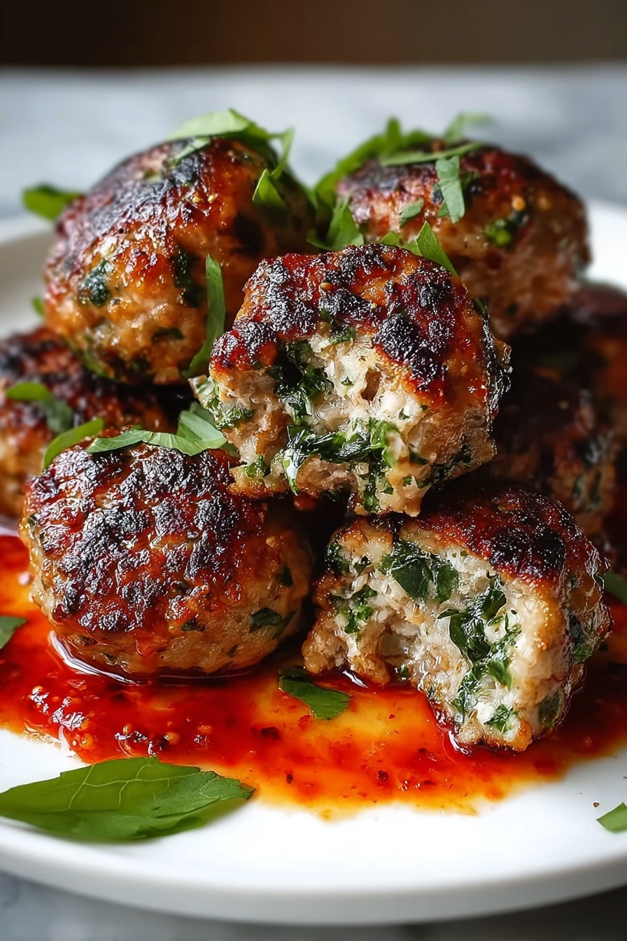 Spinach Garlic Meatballs, healthy spinach meatballs, cheesy spinach meatballs, easy meatball recipe, family favorite meatballs - The image shows a close-up of several round, cooked meatballs with a golden-brown and slightly crispy top layer. The surface of the meatballs has small green herb pieces visible, adding specks of green color. They are placed together on a white plate, with some fresh green leafy herbs scattered around for garnish. The background and surface under the plate have a white marbled texture that looks clean and bright, emphasizing the rich color of the meatballs. photo taken with an iphone --ar 2:3 --v 7