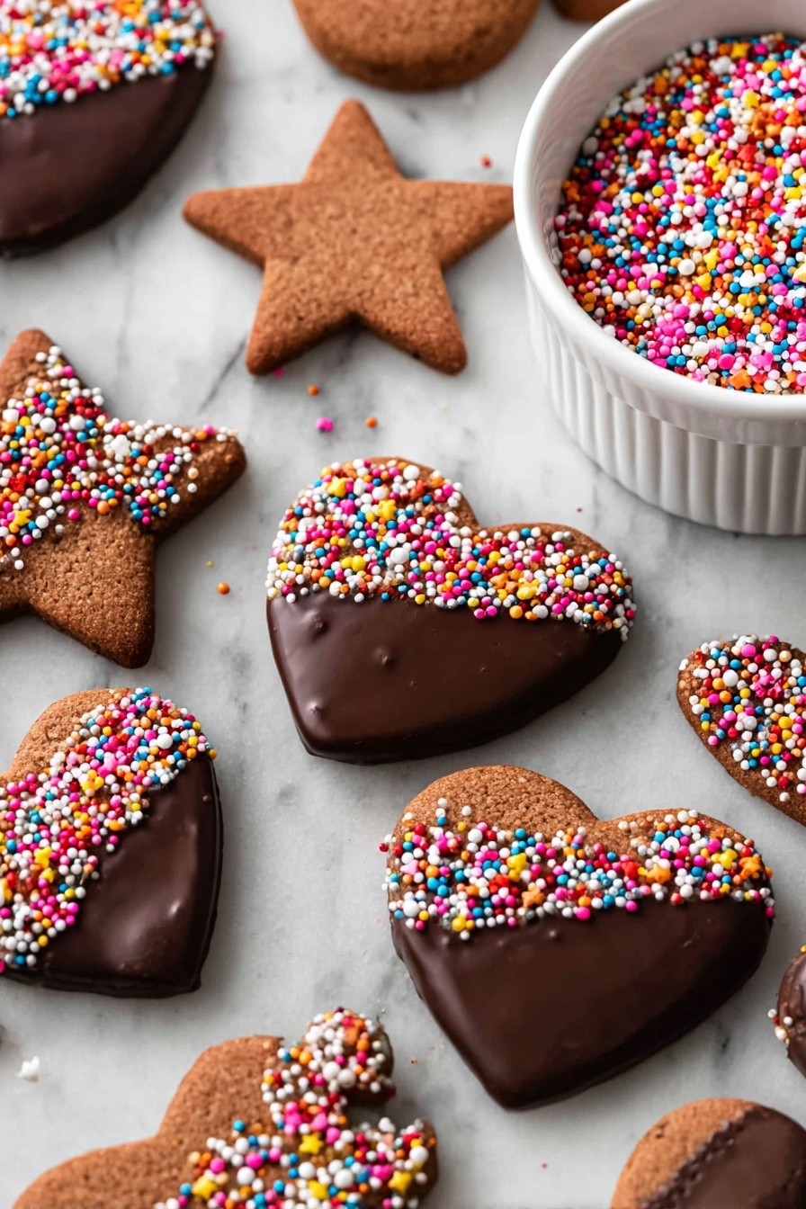 Chocolate Shortbread Cookies, chocolate shortbread cookies recipe, cocoa shortbread cookies, buttery chocolate cookies, easy shortbread cookies - A group of brown cookies shaped like hearts, stars, and acorns lie flat on a white marbled surface. Each cookie has one side dipped in smooth dark chocolate, forming a clean edge where the chocolate ends. On the chocolate layer, colorful small round sprinkles in red, pink, yellow, white, blue, orange, and green cover some cookies fully or partially, creating a bright contrast. A white ribbed bowl filled with more colorful sprinkles is placed on the right side near the cookies. The scene is close-up and well-lit, showing the matte texture of the cookies alongside the glossy chocolate and vibrant sprinkles. Photo taken with an iphone --ar 2:3 --v 7