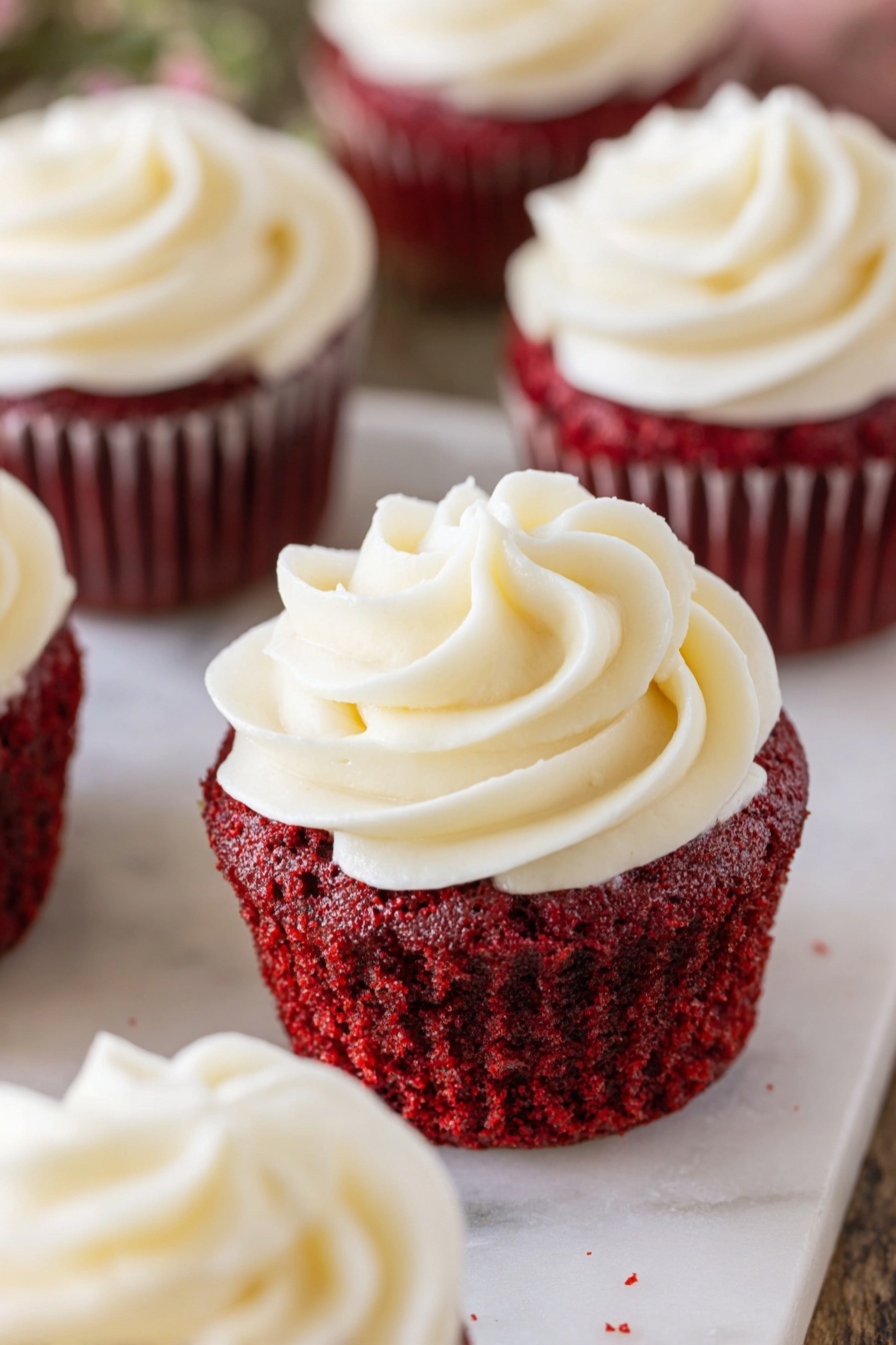 Red Velvet Cupcakes with Ermine Frosting, best red velvet cupcakes, vintage frosting recipes, soft tender cupcakes, homemade ermine frosting - The image shows a close-up view of a red velvet cupcake placed on a white marbled surface. The cupcake has two main layers: a rich, deep red cake base with a slightly moist texture, and a thick top layer of smooth, creamy white frosting piped in a swirl pattern, forming soft, round peaks. Surrounding the cupcake are other similar red velvet cupcakes, each with matching white frosting swirls, all arranged in a softly focused background. The overall look is elegant and inviting, highlighting the contrast between the bright red cake and the creamy white frosting. Photo taken with an iphone --ar 2:3 --v 7