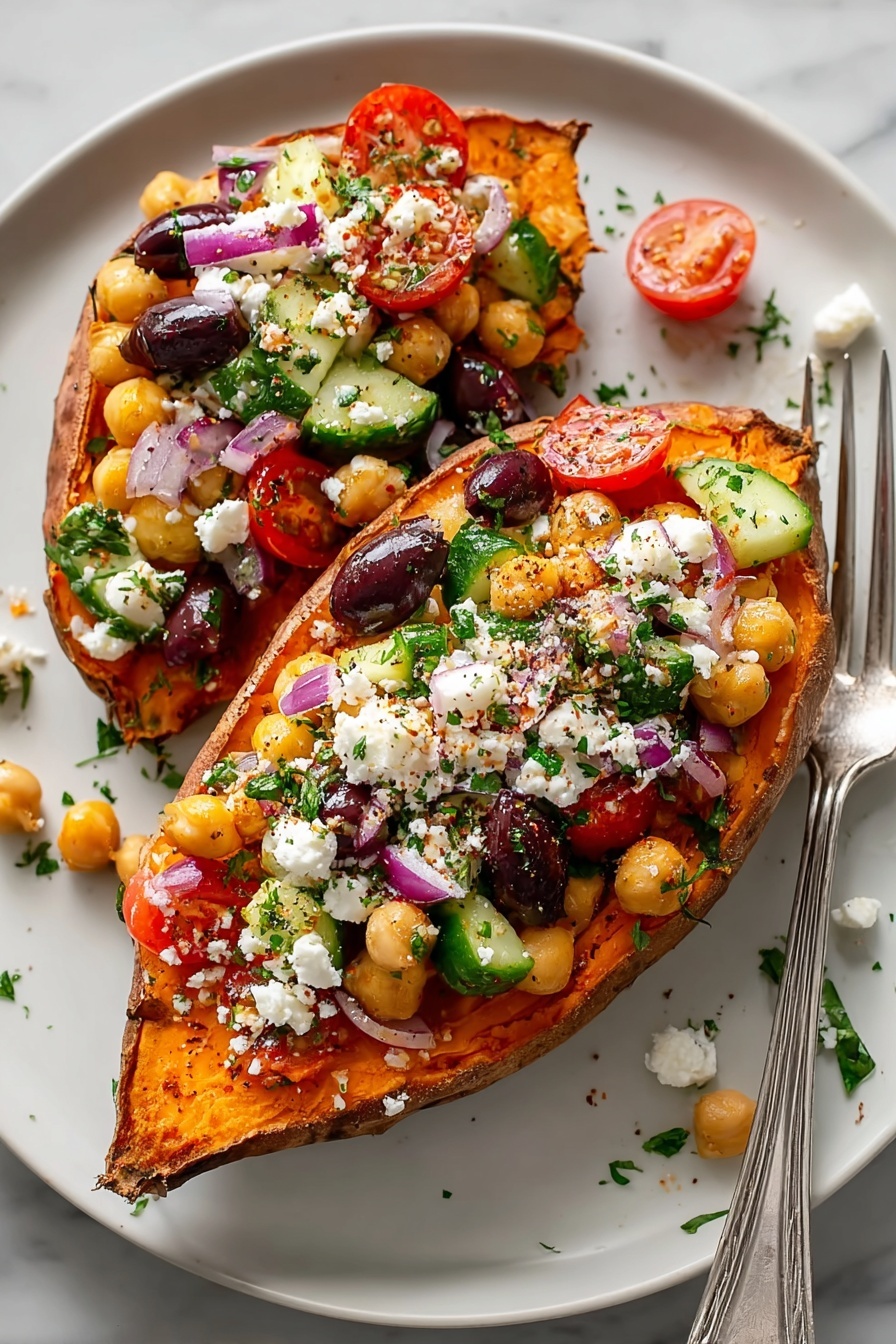 Mediterranean Stuffed Sweet Potatoes, healthy stuffed sweet potatoes, Mediterranean dinner ideas, easy sweet potato recipes, flavorful stuffed sweet potatoes - A baked sweet potato with a rough brown skin serves as the base layer, split open to reveal bright orange soft flesh inside, filled with a colorful mix on top. The second layer is a salad made of halved red cherry tomatoes, small light beige chickpeas, dark purple olives, and diced green cucumber, sprinkled with chopped parsley and small pieces of red onion. The top layer is crumbled white cheese scattered over the salad. The potato is placed on a simple white plate with some parsley and oil drops around it, all set on a white marbled surface. Photo taken with an iphone --ar 2:3 --v 7