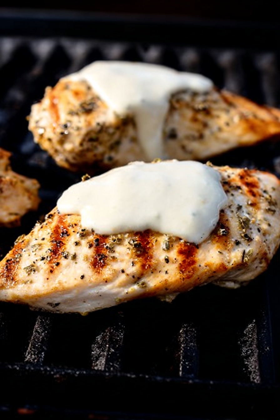 Grilled Chicken Caprese with Balsamic Reduction, Caprese chicken recipe, easy grilled chicken dinner, balsamic glazed chicken, Italian-inspired chicken dish - This image shows two pieces of grilled chicken placed side by side on a black grill. Each piece has a light golden-brown color with visible specks of seasoning like black pepper and herbs. On top of each chicken piece, there is a smooth, thick layer of white sauce that covers a large portion of the surface. The background is mostly dark, focusing on the texture and color contrast between the chicken and sauce. The chicken looks juicy with slight grill marks showing under the edges. photo taken with an iphone --ar 2:3 --v 7