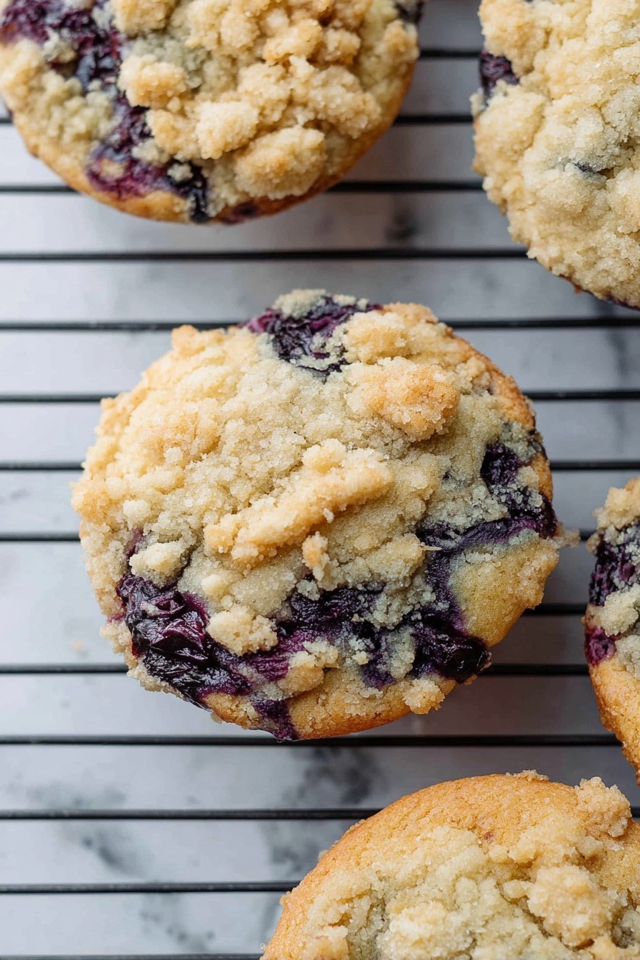 Blueberry Muffin Cookies, Blueberry Muffin Cookies Recipe, Blueberry Cookie Dessert, Easy Blueberry Cookies, Fresh Blueberry Cookies - The image shows round muffins with a crumb topping on a metal cooling rack, placed on a white marbled surface. Each muffin has a top layer of light golden brown crumb pieces, unevenly spread, giving a rough texture. Below that, the muffin has a soft, slightly cracked surface with a mix of light tan and deep purple-blue spots, showing the presence of blueberries baked inside. The edges of the muffins are slightly darker and golden brown, showing a baked finish. The cooling rack bars are thin and black, providing contrast against the white marble below. photo taken with an iphone --ar 2:3 --v 7