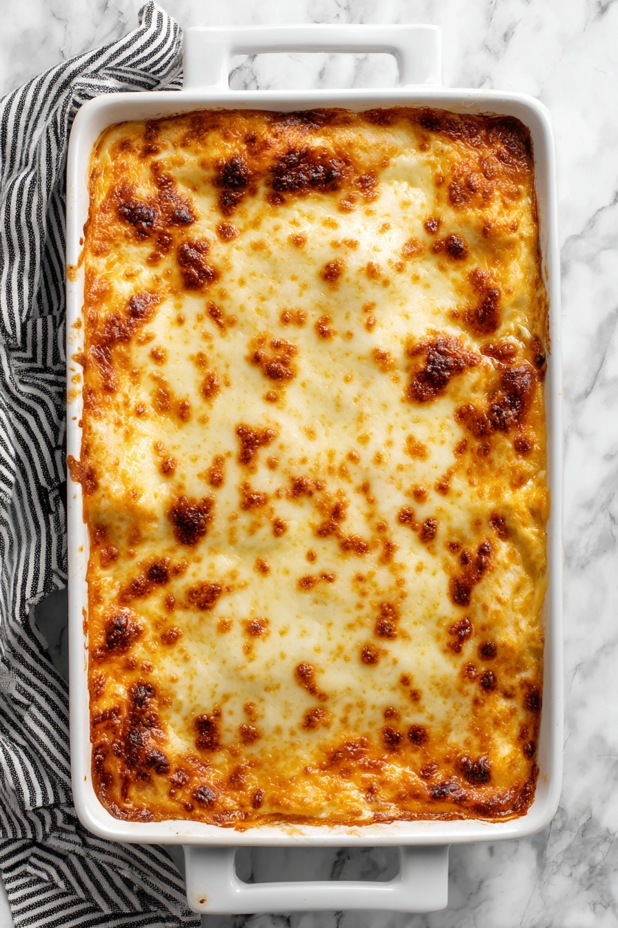 Cheesy Olive Baked Dip, cheesy olive dip, savory baked dip, cheesy appetizer, easy party dip - A white rectangular baking dish is filled with a dish topped with a thick, even layer of shredded pale yellow cheese covering everything below. The dish itself is placed on a white marbled surface, and next to it is a striped white and gray cloth. The overall look is clean and shows the cheese layer ready to be baked. Photo taken with an iphone --ar 2:3 --v 7