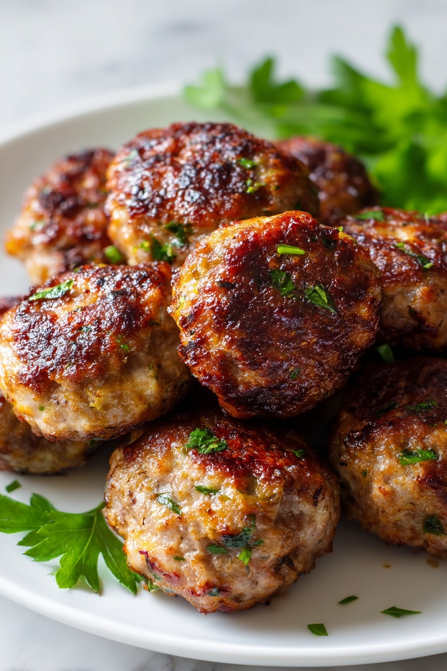 Spinach Garlic Meatballs, healthy spinach meatballs, cheesy spinach meatballs, easy meatball recipe, family favorite meatballs - The image shows a close-up of several golden-brown meatballs, each with a slightly crispy and charred outside. One meatball is cut open in front, revealing a soft inside with green leafy herbs mixed in. The meatballs sit on a white round plate with a shiny layer of red sauce and small green leaves scattered around, all placed on a white marbled surface. Photo taken with an iphone --ar 2:3 --v 7
