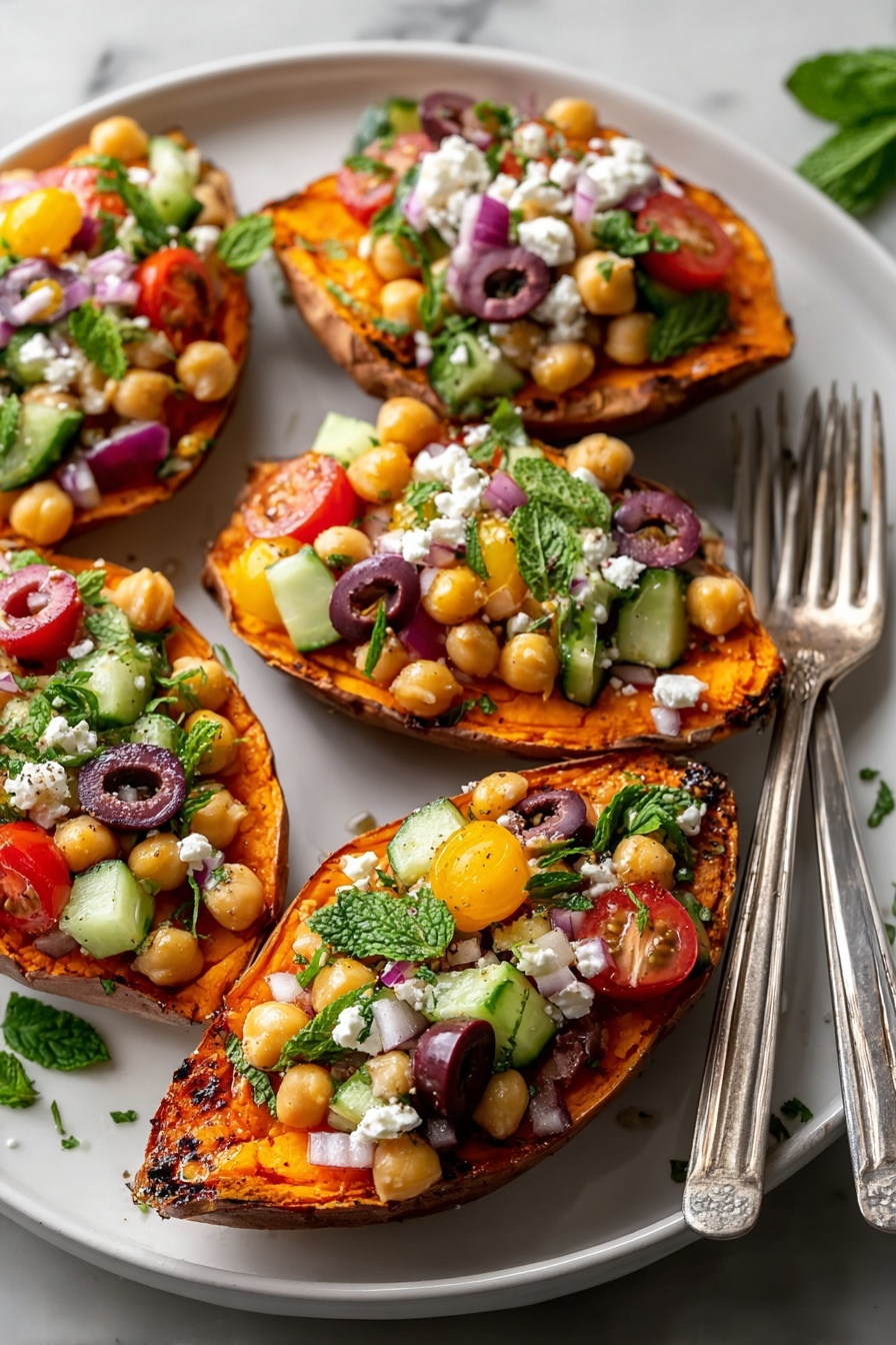 Mediterranean Stuffed Sweet Potatoes, healthy stuffed sweet potatoes, Mediterranean dinner ideas, easy sweet potato recipes, flavorful stuffed sweet potatoes - The image shows four roasted sweet potato halves placed on a white plate with a white marbled background. Each sweet potato half has three main layers: the bottom layer is the deep orange roasted sweet potato with a slightly crispy edge, the middle layer is chickpeas that are light beige and slightly glossy, and the top layer is a colorful mix of toppings including small red and yellow cherry tomato halves, cucumber chunks with green skin, sliced dark purple olives, crumbled white cheese, thin slices of purple onion, and scattered green herbs like mint and parsley. Two forks are placed on the right side of the plate, and there is some scattered greenery on the plate and background. Photo taken with an iphone --ar 2:3 --v 7