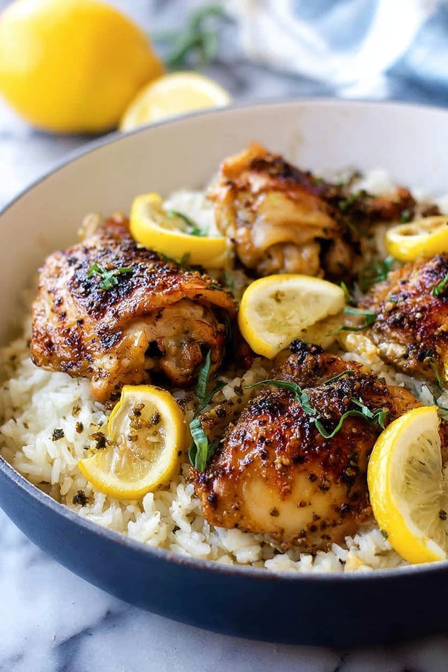 One Pot Greek Chicken and Lemon Rice, Greek Chicken and Lemon Rice, easy Greek chicken dinner, healthy lemon chicken rice, flavorful one pot chicken - A close-up of a white bowl filled with a layer of cooked white rice at the bottom, topped with four golden brown cooked chicken pieces, each with a slightly crisp and seasoned skin. Thin slices of lemon with a bright yellow color are placed over the rice and near the chicken, adding contrast. Small green herbs are sprinkled across the chicken and rice, adding a fresh touch. The bowl sits on a white marbled surface, and a lemon is visible blurred in the background. Photo taken with an iphone --ar 2:3 --v 7