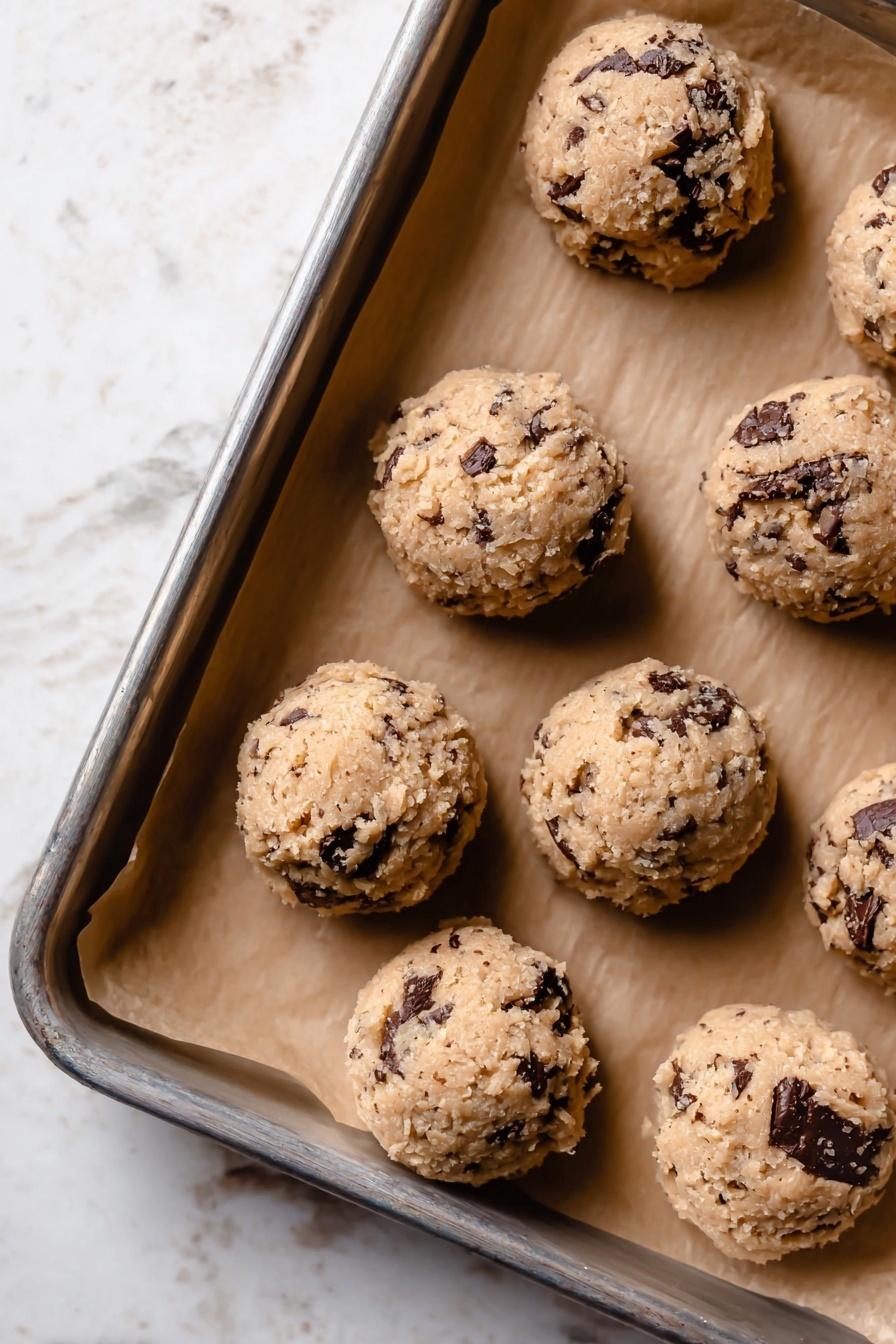 Espresso Chocolate Chip Cookies, coffee-flavored cookies, homemade espresso cookies, chocolate chip cookie recipes, baked goods with espresso - The image shows a close-up of eight round cookie dough balls placed on a baking tray lined with brown parchment paper. Each ball is light brown with visible dark chocolate chunks unevenly spread through the dough, giving a rough and grainy texture. The baking tray is silver and positioned over a white marbled background. In the top left corner of the image, there is a white circle with the black number 5 inside. Photo taken with an iphone --ar 2:3 --v 7