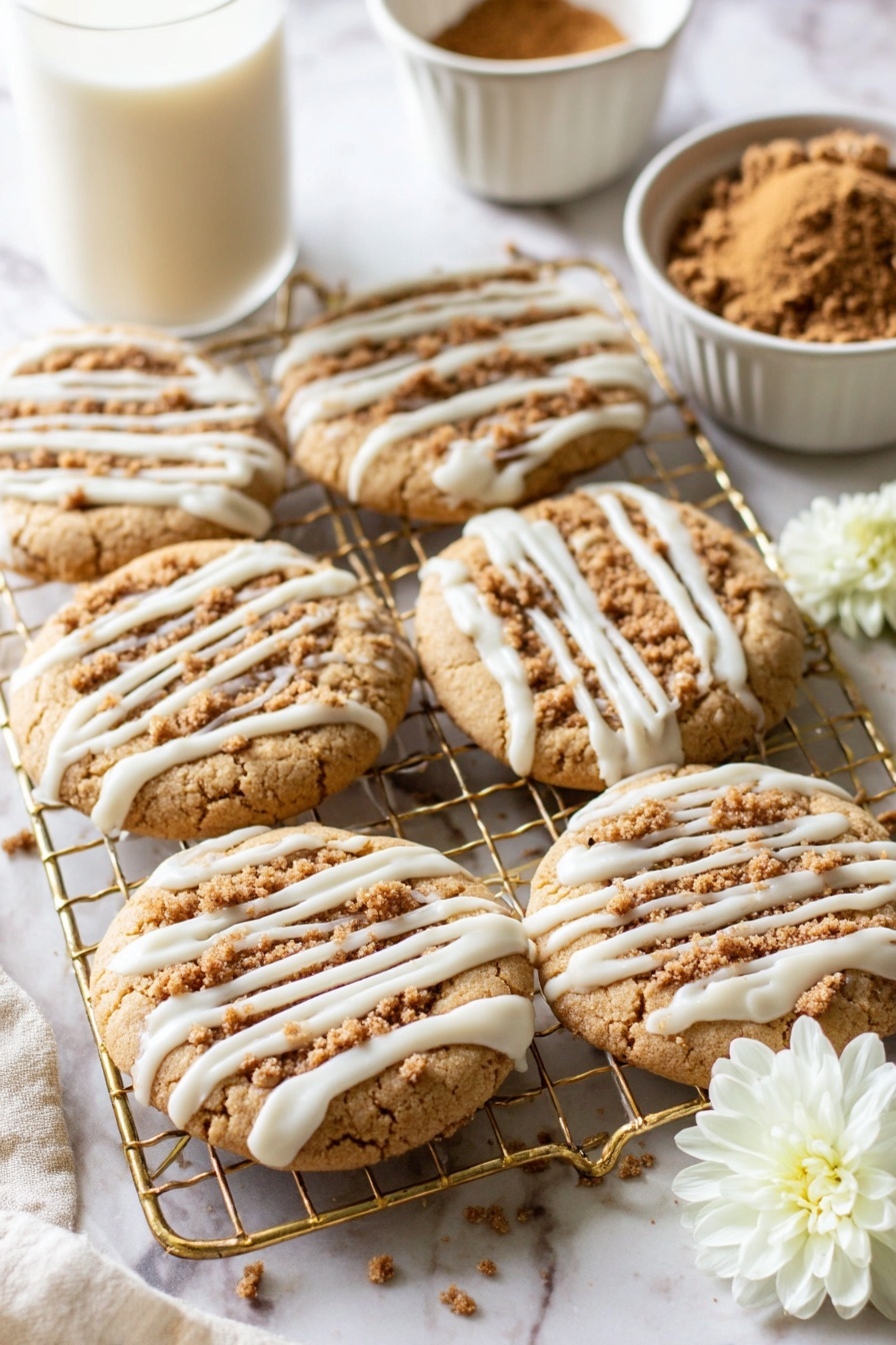 Coffee Cake Cookies with Streusel, coffee cake cookies, cinnamon streusel cookies, buttery coffee cake cookies, easy streusel cookie recipe - Six round cookies are placed on a gold wire cooling rack over a white marbled surface. Each cookie has a light brown base with a strip of crumbly brown topping across the middle, and white icing drizzled in thin stripes over the top. To the right, a white bowl filled with more crumbly topping sits beside the cookies. In the background, there is a white bowl with brown powder and a glass of white milk. A single white flower rests near the bowl on the right side. The photo is taken with an iphone --ar 2:3 --v 7