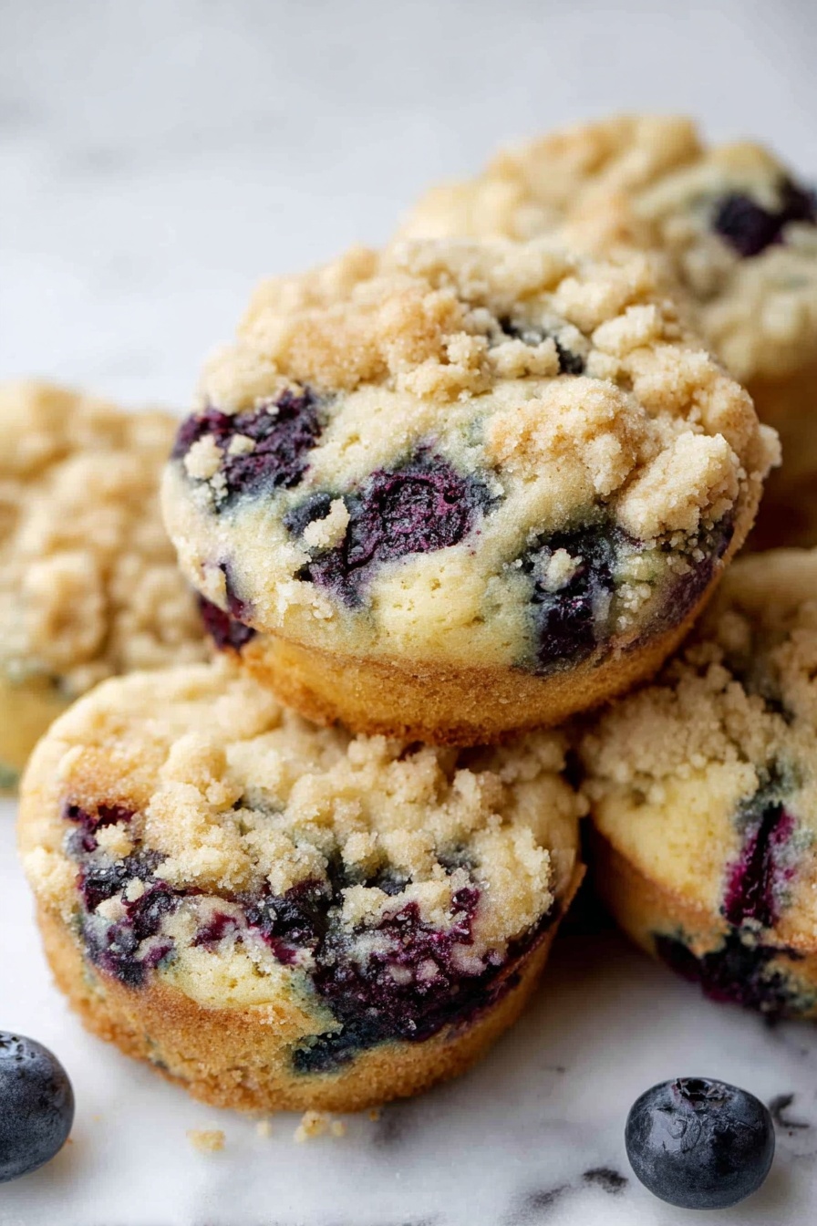 Blueberry Muffin Cookies, Blueberry Muffin Cookies Recipe, Blueberry Cookie Dessert, Easy Blueberry Cookies, Fresh Blueberry Cookies - The image shows a close-up of several round blueberry muffins stacked on a white marbled surface. Each muffin has two visible layers: the base layer is a soft, light yellow cake with dark blueberries embedded throughout, and the top layer is a crumbly, pale golden streusel topping scattered unevenly. The muffins have a soft texture with some berries slightly bursting, adding splashes of dark purple and blue. There are also a few loose blueberries around the muffins on the white marbled surface. The lighting highlights the texture of the crumble and the moistness of the cake underneath photo taken with an iphone --ar 2:3 --v 7