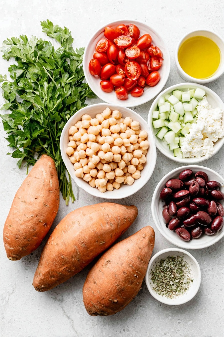 Mediterranean Stuffed Sweet Potatoes, healthy stuffed sweet potatoes, Mediterranean dinner ideas, easy sweet potato recipes, flavorful stuffed sweet potatoes - Flat lay of four medium whole sweet potatoes with smooth orange skin, a small mound of halved bright red cherry tomatoes, diced vibrant green cucumber, finely diced pale purple-red onion, a few sprigs of fresh green parsley, some chopped fresh mint leaves, a small heap of light beige rinsed chickpeas, sliced deep purple Kalamata olives, crumbled white feta cheese, a small white ceramic bowl with golden extra virgin olive oil, another small white bowl with pale yellow lemon juice, and a third small white bowl containing minced white garlic and dried oregano sprinkled on top, all perfectly arranged with natural light highlighting their fresh textures and colors, placed on a clean white marble surface, soft natural light, photo taken with an iPhone, professional food photography style, fresh ingredients, white ceramic bowls, no bottles, no duplicates, no utensils, no packaging --ar 2:3 --v 7 --p m7354615311229779997