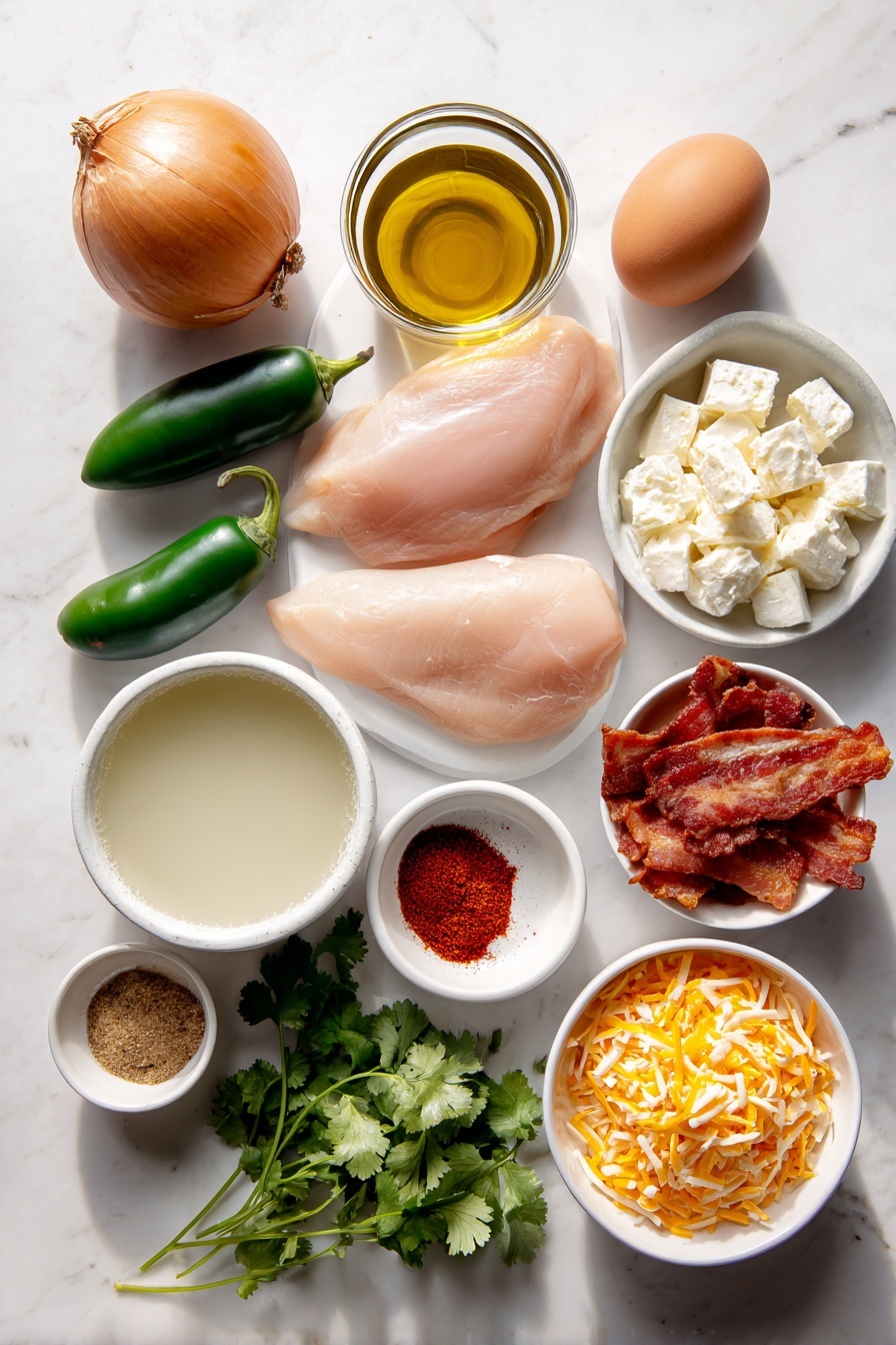 Spicy Jalapeño Chicken Soup, spicy chicken soup, jalapeño chicken recipe, creamy chicken soup, comforting spicy soup - Flat lay of a small white ceramic bowl of golden olive oil, a medium yellow onion diced into cubes, three whole brown garlic cloves, two fresh green jalapeños with seeds removed and diced, two raw boneless skinless chicken breasts, a small white ceramic bowl filled with clear chicken broth, a small white ceramic bowl with thick heavy cream, a small white ceramic bowl containing ground cumin powder, a small white ceramic bowl of bright red paprika powder, one whole uncracked brown egg (to represent egg inclusion), a small white ceramic bowl of softened cream cheese, a small white ceramic bowl filled with shredded sharp orange cheddar cheese, a small white ceramic bowl holding crumbled crispy bacon, a few sprigs of fresh green cilantro loosely arranged all placed on a clean white marble surface, soft natural light, photo taken with an iPhone, professional food photography style, fresh ingredients, white ceramic bowls, no bottles, no duplicates, no utensils, no packaging --ar 2:3 --v 7 --p m7354615311229779997