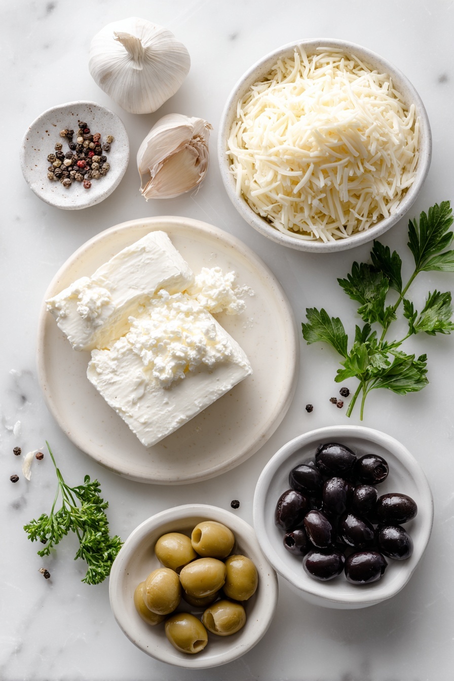 Cheesy Olive Baked Dip, cheesy olive dip, savory baked dip, cheesy appetizer, easy party dip - Flat lay of a small mound of fresh full fat sour cream on a simple white ceramic plate, a thick slab of natural cream cheese on a white ceramic dish, two whole cloves of garlic with papery skins intact placed next to each other, a small white ceramic bowl filled with shredded mozzarella cheese, another small white ceramic bowl with shredded Parmesan cheese, a few glossy black medium-sized pitted olives halved revealing their texture scattered near the bowl rims, a few shiny green medium-sized pitted olives halved showing their interior, a small handful of fresh bright green parsley sprigs arranged neatly, coarse Kosher salt crystals and freshly cracked black peppercorns sprinkled lightly in symmetrical dots on the surface, all ingredients positioned with perfect symmetry and realistic proportions, placed on a clean white marble surface, soft natural light, photo taken with an iPhone, professional food photography style, fresh ingredients, white ceramic bowls, no bottles, no duplicates, no utensils, no packaging --ar 2:3 --v 7 --p m7354615311229779997