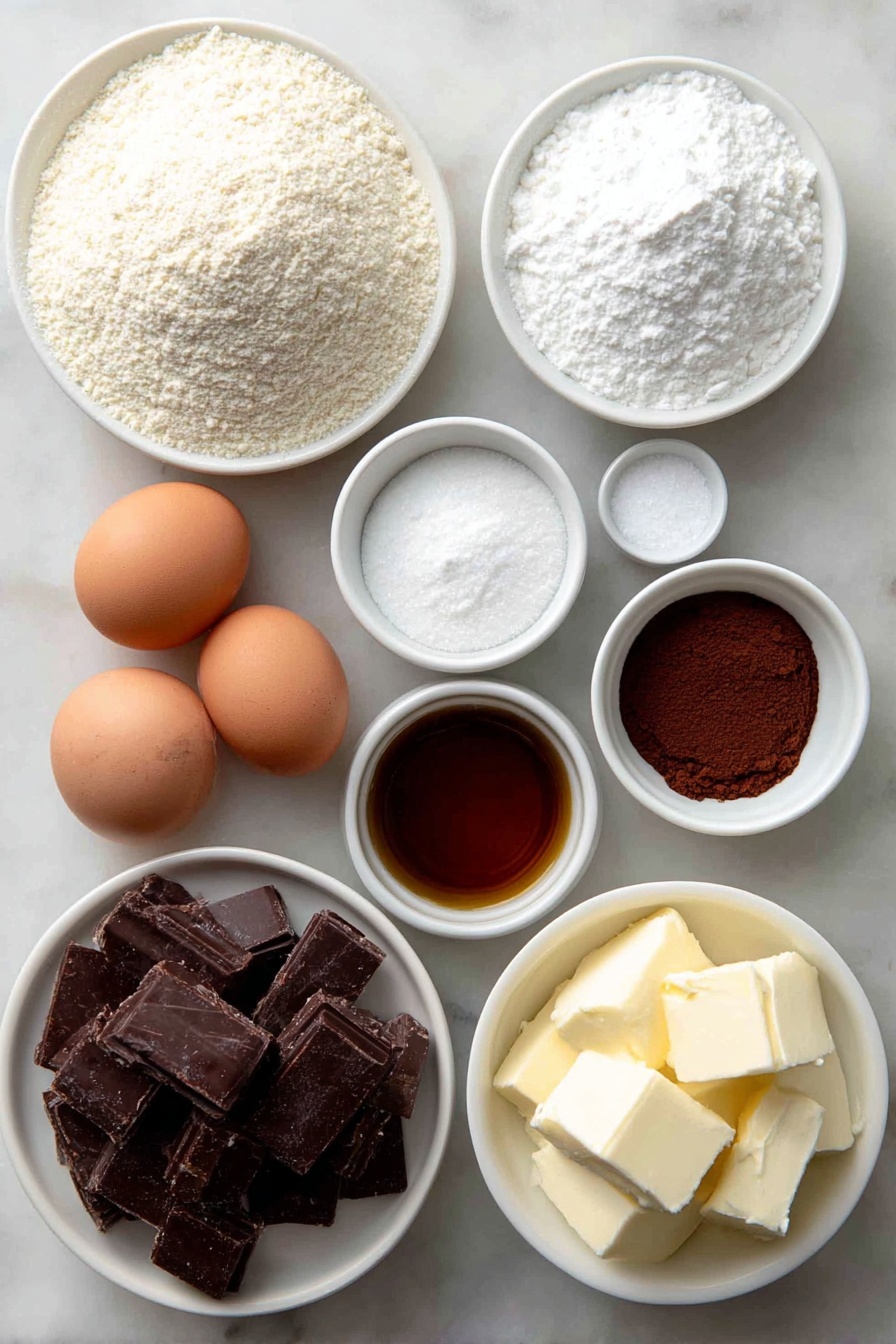 Chocolate Macarons with Ganache, French chocolate macarons, homemade chocolate macarons, decadent chocolate treats, easy macarons with ganache - Flat lay of a mound of finely ground almond flour, a small heap of smooth powdered sugar, a small pile of rich dark cocoa powder, three whole brown eggs with clean shells, a small white ceramic bowl of granulated sugar, a small white ceramic bowl of cream of tartar powder, a small white ceramic bowl of fine table salt, a small white ceramic bowl with clear vanilla extract, a simple white ceramic bowl filled with glossy semisweet chocolate chunks, a small white ceramic bowl of fresh heavy cream, a small white ceramic bowl containing a few cubes of unsalted butter, placed on a clean white marble surface, soft natural light, photo taken with an iPhone, professional food photography style, fresh ingredients, white ceramic bowls, no bottles, no duplicates, no utensils, no packaging --ar 2:3 --v 7 --p m7354615311229779997