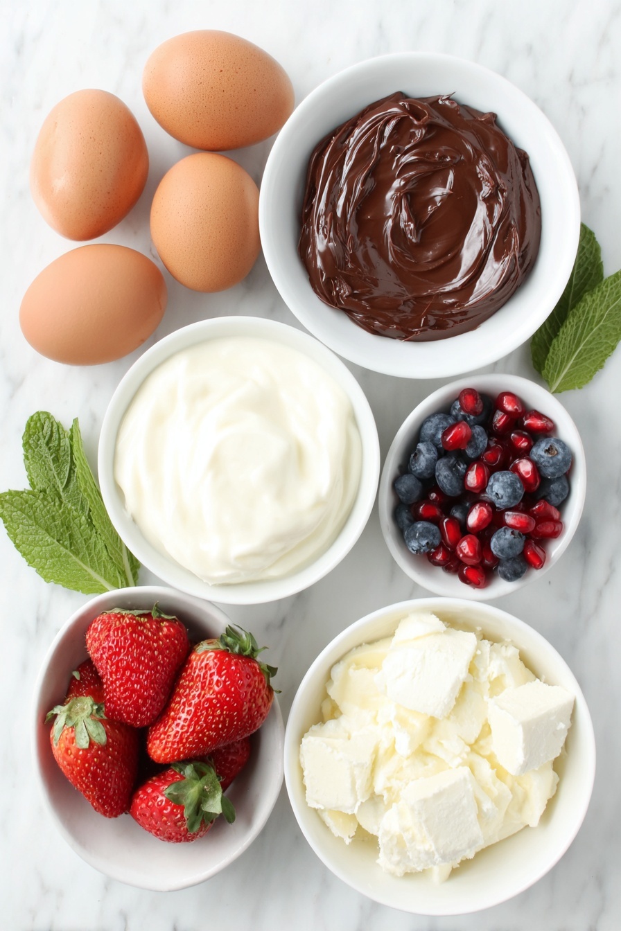 Nutella Chocolate Flan, Chocolate Flan Recipe, Easy Nutella Dessert, Creamy Chocolate Custard, Valentine’s Day Dessert - Flat lay of four whole brown eggs with clean shells, a small white bowl filled with smooth Nutella chocolate spread, a small white bowl of thick sweetened condensed milk, a small white bowl of creamy evaporated milk, a small white bowl of dark melted chocolate, a few fresh ripe strawberries with green leaves, a small cluster of plump blueberries, a handful of glistening pomegranate arils, and a few sprigs of fresh bright green mint leaves, all arranged in perfect symmetry on simple white ceramic bowls and dishes, placed on a clean white marble surface, soft natural light, photo taken with an iPhone, professional food photography style, fresh ingredients, white ceramic bowls, no bottles, no duplicates, no utensils, no packaging --ar 2:3 --v 7 --p m7354615311229779997