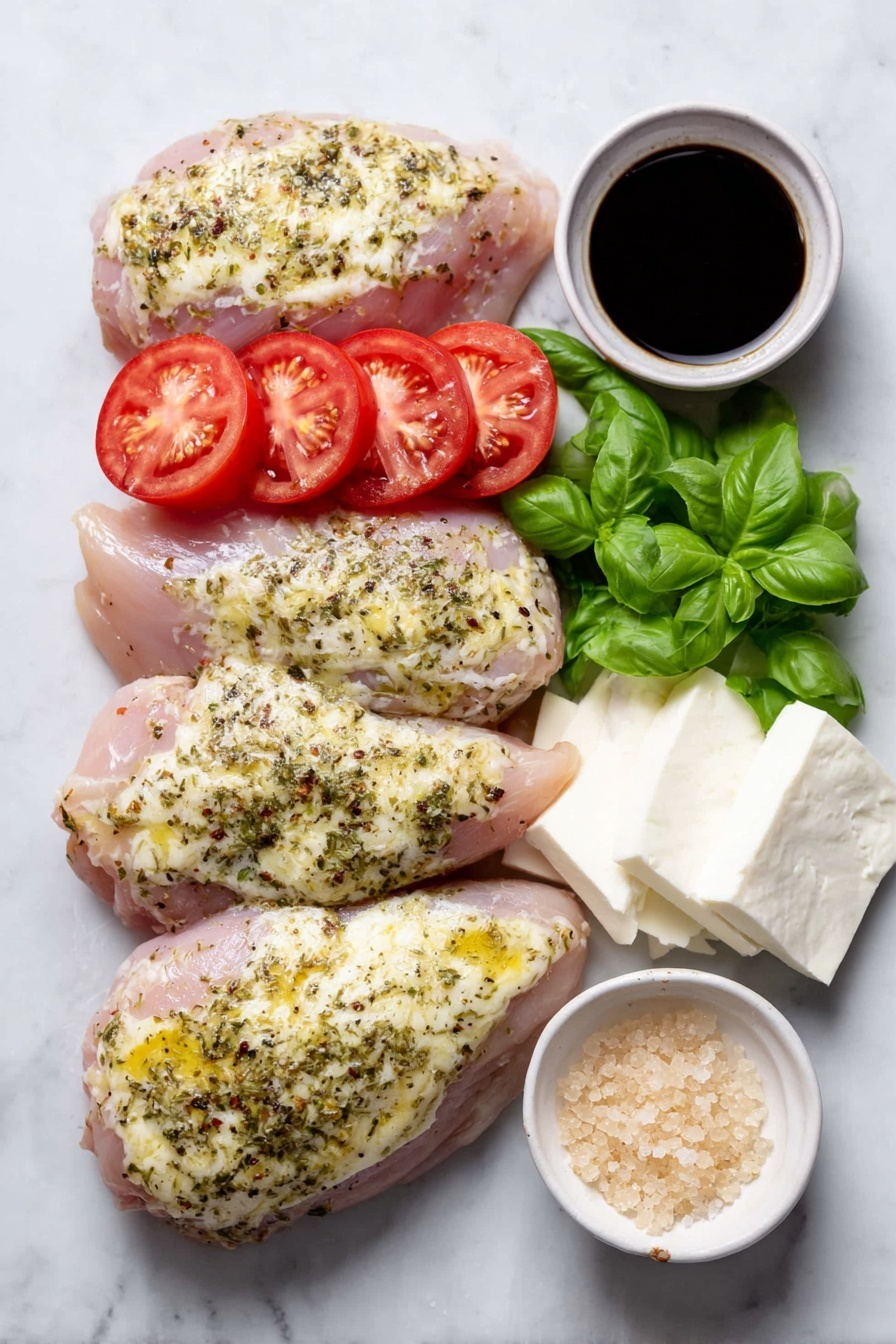Grilled Chicken Caprese with Balsamic Reduction, Caprese chicken recipe, easy grilled chicken dinner, balsamic glazed chicken, Italian-inspired chicken dish - Flat lay of four raw chicken breasts seasoned with Italian seasoning, garlic powder, onion powder, salt, and pepper, four slices of fresh mozzarella cheese, four ripe red tomato slices, a small pile of bright green sliced basil leaves, and two small white ceramic bowls—one with dark glossy balsamic reduction, the other with light brown sugar crystals—placed on a clean white marble surface, soft natural light, photo taken with an iPhone, professional food photography style, fresh ingredients, white ceramic bowls, no bottles, no duplicates, no utensils, no packaging --ar 2:3 --v 7 --p m7354615311229779997