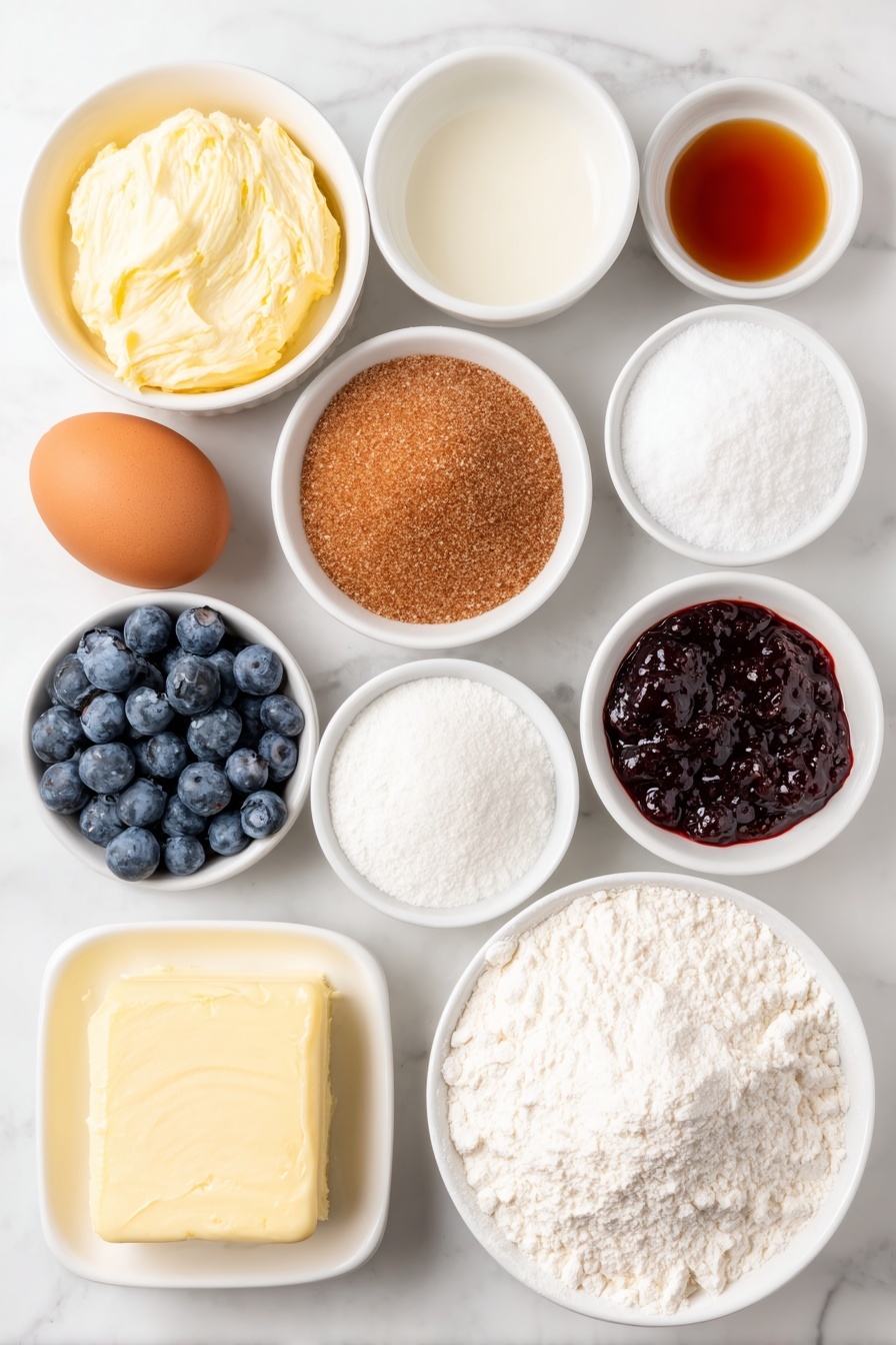 Blueberry Muffin Cookies, Blueberry Muffin Cookies Recipe, Blueberry Cookie Dessert, Easy Blueberry Cookies, Fresh Blueberry Cookies - Flat lay of a small pile of softened pale yellow butter, a small white ceramic bowl with glossy white granulated sugar, a small white ceramic bowl with rich golden brown sugar, one whole uncracked large brown egg with a clean shell, a small white ceramic bowl filled with clear pale vanilla extract, a small white ceramic bowl holding fine off-white all purpose flour, a small white ceramic bowl containing fine white corn starch, a small white ceramic bowl with light beige baking powder, a small white ceramic bowl with fine off-white baking soda powder, a small white ceramic bowl with white salt crystals, a small cluster of plump fresh blue blueberries with a slight sheen, a small white ceramic bowl with shiny deep purple blueberry jam, a small white ceramic bowl of light golden yellow butter for the streusel, a small white ceramic bowl of brown sugar with visible soft grains, a small white ceramic bowl of white granulated sugar, a small white ceramic bowl with pale all purpose flour, a small white ceramic bowl with fine white salt, and a small white ceramic bowl with warm brown cinnamon powder — all ingredients arranged symmetrically and balanced, placed on a clean white marble surface, soft natural light, photo taken with an iPhone, professional food photography style, fresh ingredients, white ceramic bowls, no bottles, no duplicates, no utensils, no packaging --ar 2:3 --v 7 --p m7354615311229779997