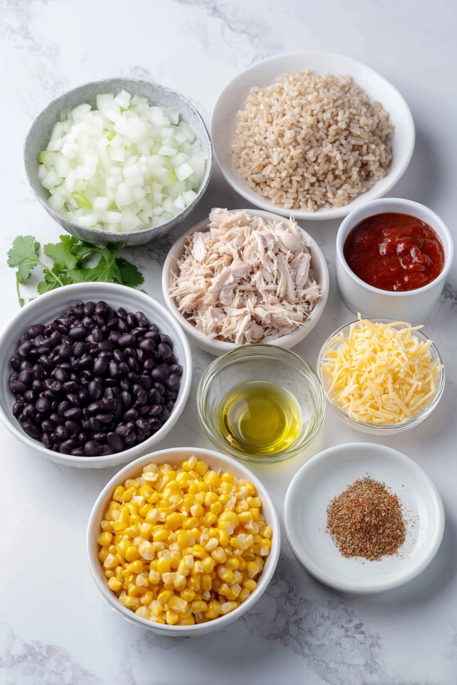 Easy Chicken Burrito Casserole, chicken burrito casserole, stovetop chicken casserole, easy dinner ideas, weeknight casserole recipes - Flat lay of finely diced white onion in a small white ceramic bowl, diced red bell pepper on a simple white plate, uncooked long-grain brown rice in a neat mound on a white ceramic dish, bright yellow corn kernels in a small white bowl, rinsed black beans in another small white bowl, shredded cooked chicken arranged in a small white dish, mild green chilies spooned into a small white bowl, smooth tomato paste dollop in a tiny white bowl, clear golden olive oil pooled in a small white bowl, shredded Monterey Jack cheese piled lightly on a plain white plate, a small heap of fajita seasoning powder neatly placed on a white dish, fresh sprigs of cilantro laid gently on a white plate placed on a clean white marble surface, soft natural light, photo taken with an iPhone, professional food photography style, fresh ingredients, white ceramic bowls, no bottles, no duplicates, no utensils, no packaging --ar 2:3 --v 7 --p m7354615311229779997