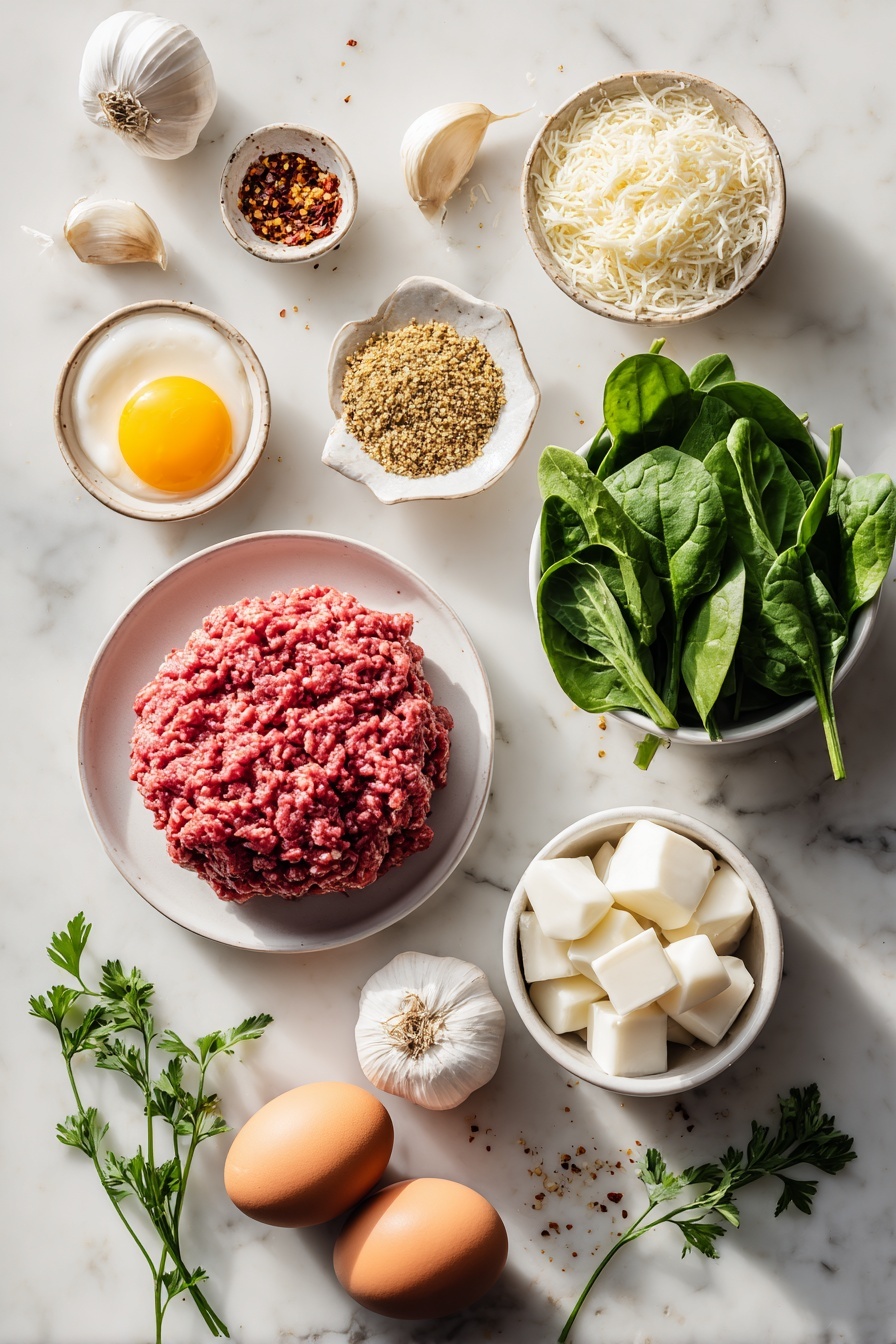 Spinach Garlic Meatballs, healthy spinach meatballs, cheesy spinach meatballs, easy meatball recipe, family favorite meatballs - Flat lay of fresh raw ground beef mound, a vibrant bunch of fresh spinach leaves, four peeled garlic cloves, one small whole white onion, one large uncracked brown egg, a small white ceramic bowl with golden brown breadcrumbs, a small white ceramic bowl filled with grated Parmesan cheese, several chilled mozzarella cubes, a small white ceramic bowl with mixed Italian seasoning herbs, a small white ceramic bowl with bright red pepper flakes, and a few sprigs of fresh green parsley, all arranged symmetrically and naturally on a clean white marble surface, soft natural light, photo taken with an iPhone, professional food photography style, fresh ingredients, white ceramic bowls, no bottles, no duplicates, no utensils, no packaging --ar 2:3 --v 7 --p m7354615311229779997