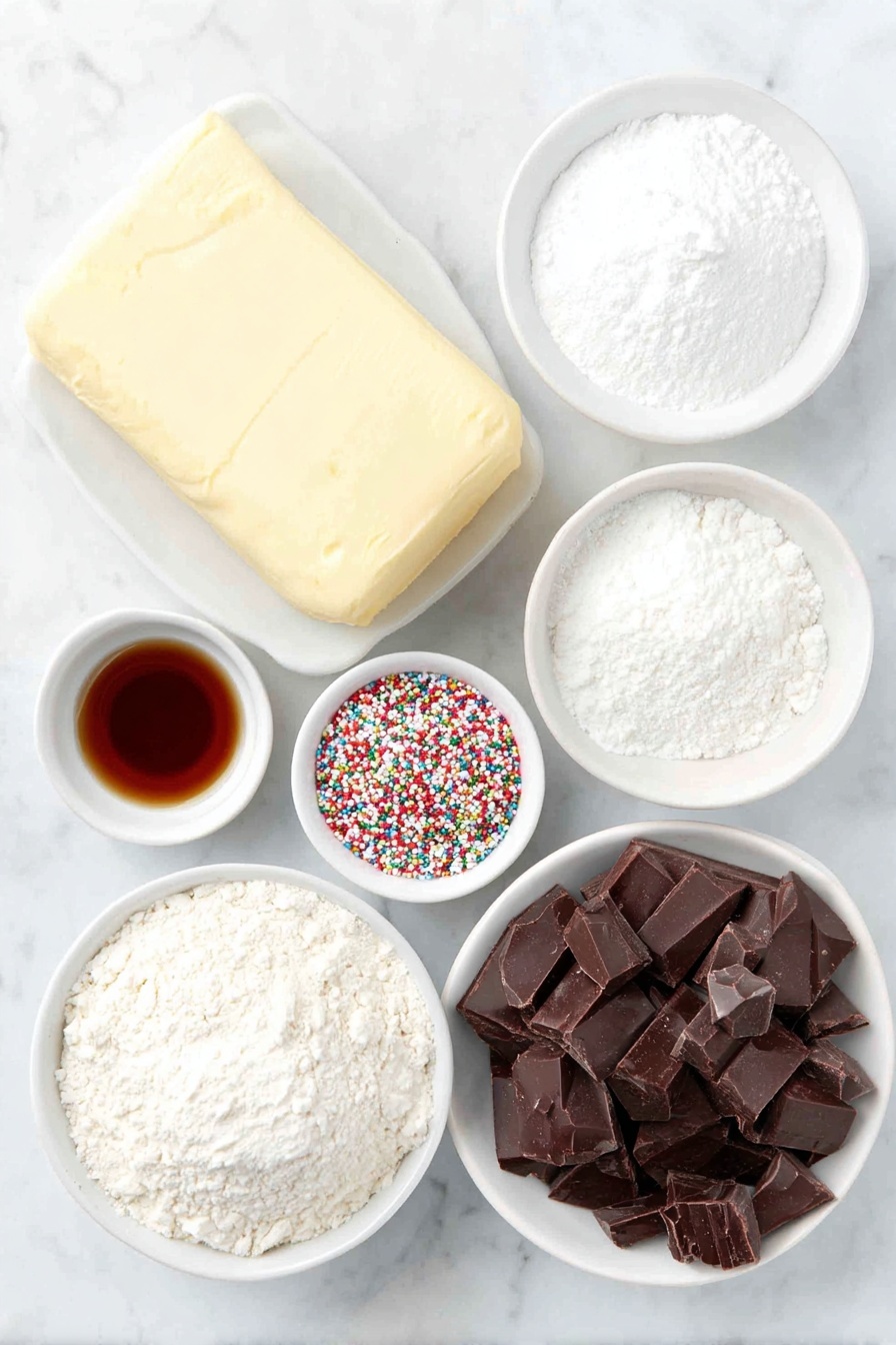 Chocolate Shortbread Cookies, chocolate shortbread cookies recipe, cocoa shortbread cookies, buttery chocolate cookies, easy shortbread cookies - Flat lay of a large chunk of unsalted butter, a small white ceramic bowl of fine powdered sugar, a small white ceramic bowl of Dutch-process cocoa powder, a small white ceramic bowl of all-purpose flour, a small white ceramic bowl with clear vanilla extract, a small white ceramic bowl of fine table salt, a small white ceramic bowl filled with irregular chunks of dark baking chocolate, and a handful of colorful round sprinkles scattered neatly nearby, all arranged in perfect symmetry on a clean white marble surface, soft natural light, photo taken with an iPhone, professional food photography style, fresh ingredients, white ceramic bowls, no bottles, no duplicates, no utensils, no packaging --ar 2:3 --v 7 --p m7354615311229779997